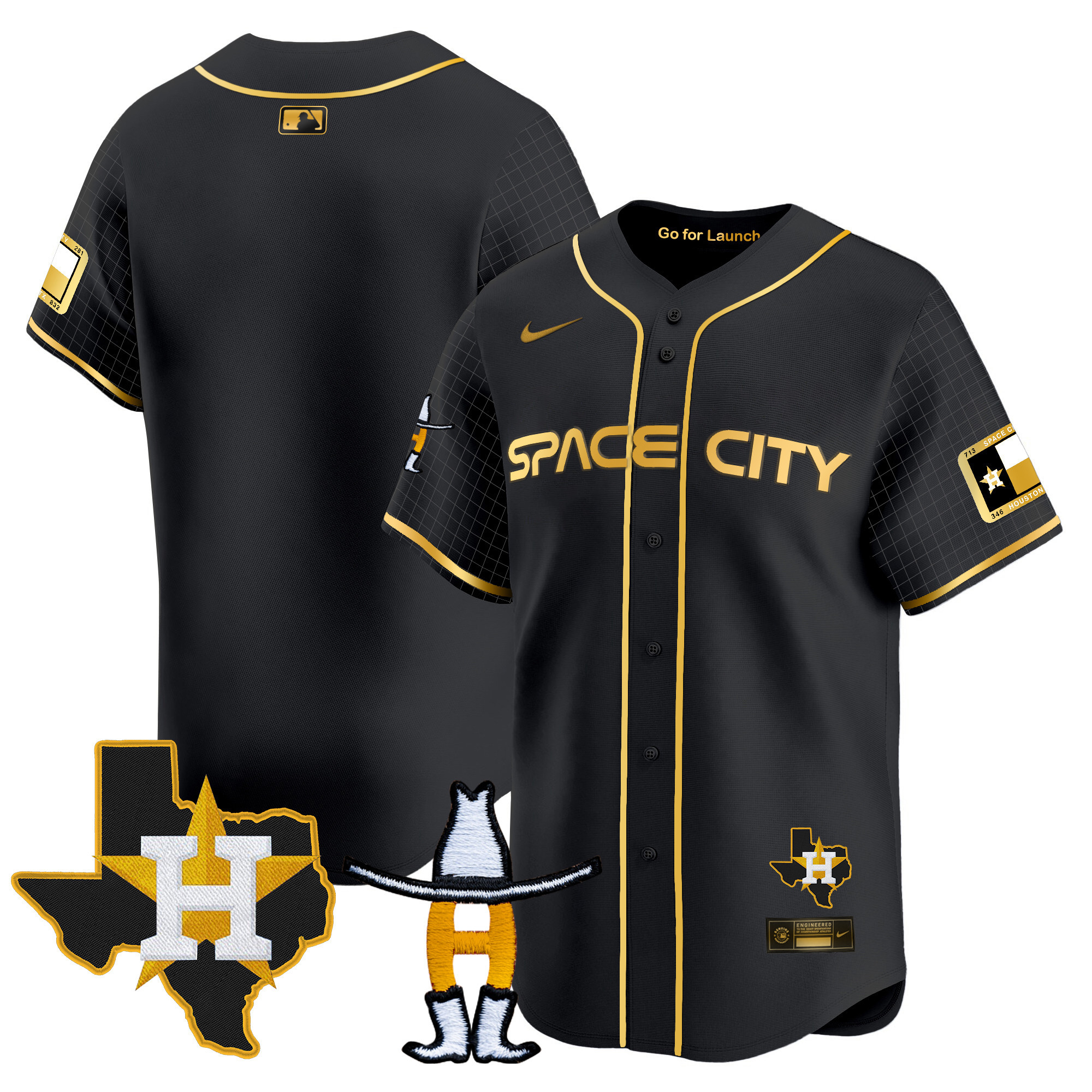 Team Men's Houston Astros Space City Texas Patch Vapor Premier Limited Black Gold Jersey - All Stitched