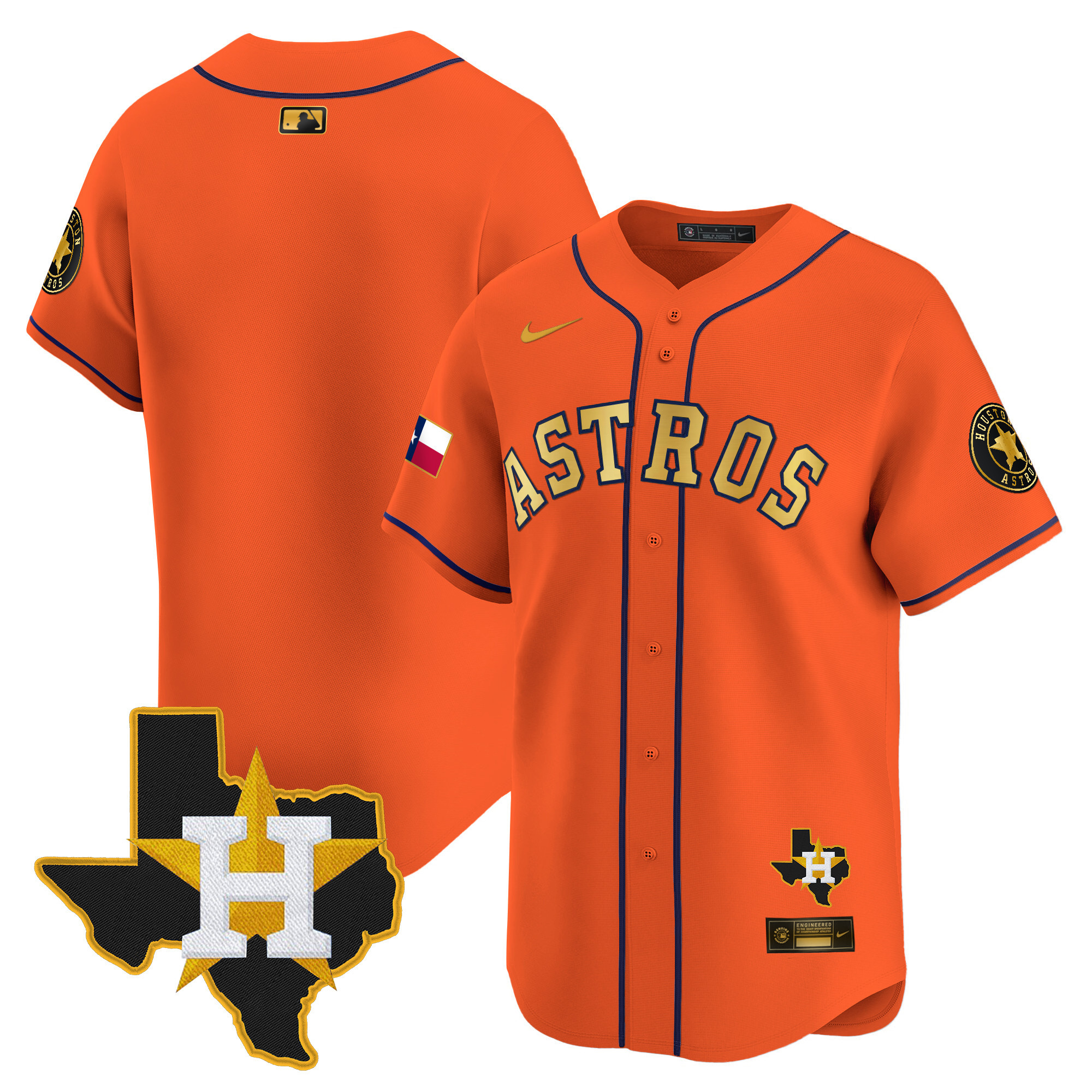 Team Men's Houston Astros Texas Patch Vapor Premier Limited Orange Gold Jersey - All Stitched