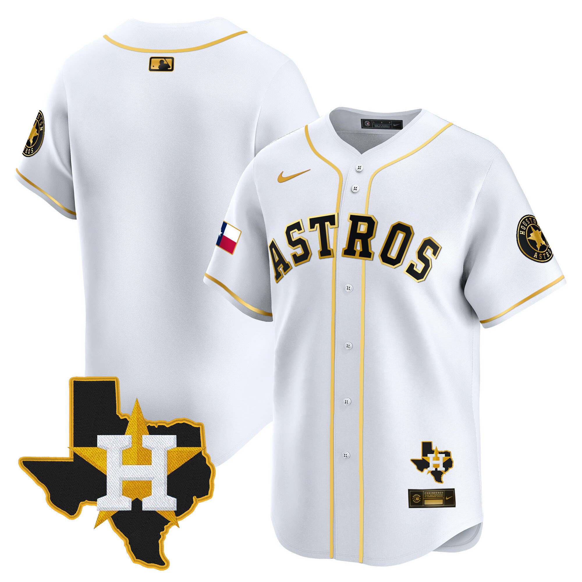 Team Men's Houston Astros Texas Patch Vapor Premier Limited White Gold Jersey - All Stitched