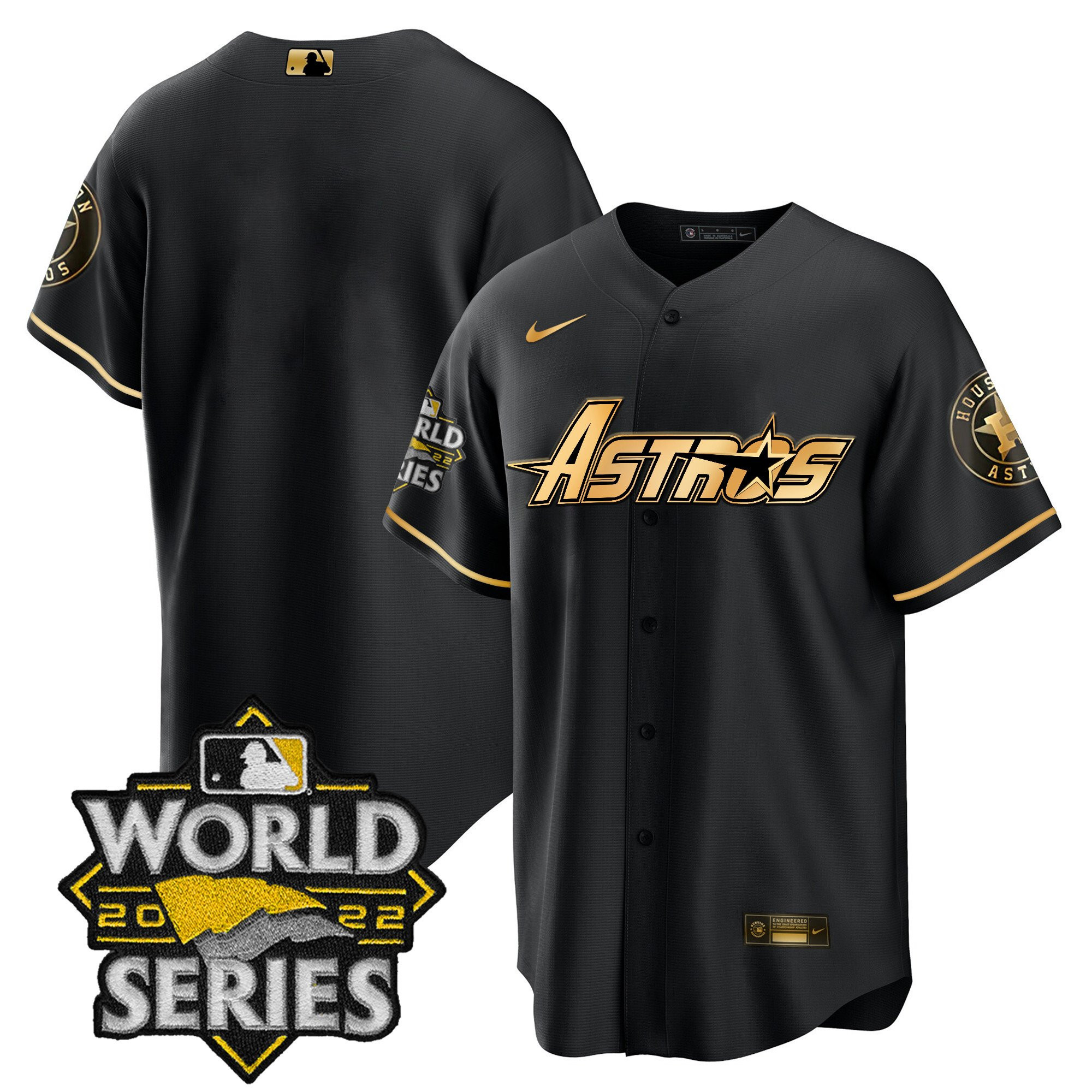 Team Men's Houston Astros World Series & Throwback Patch Gold Cool Black Jersey - All Stitched