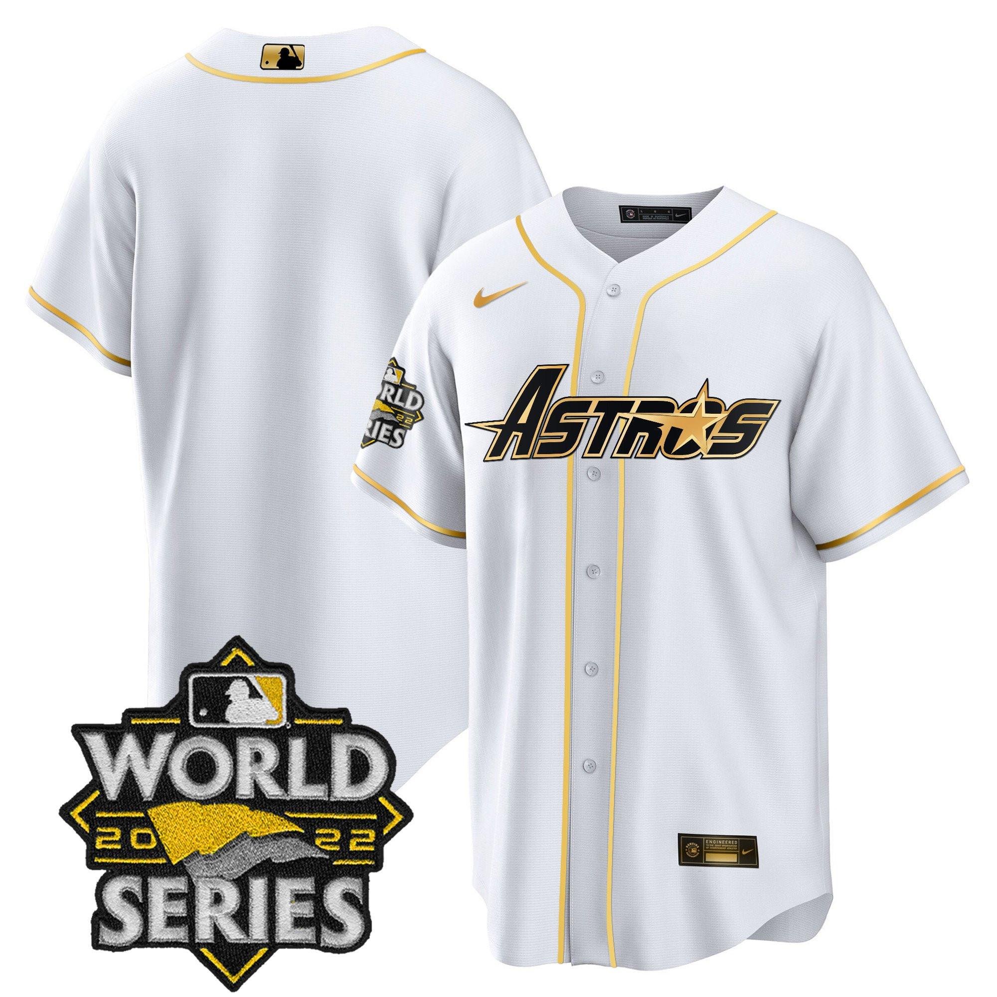 Team Men's Houston Astros World Series & Throwback Patch Gold Cool White Jersey - All Stitched