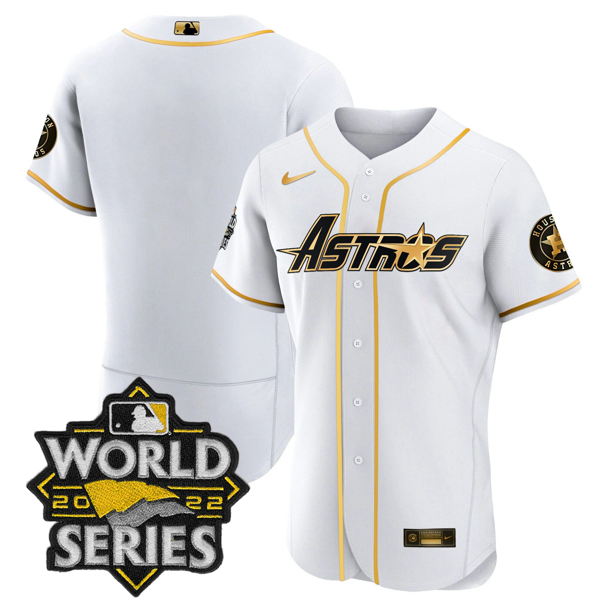 Team Men's Houston Astros World Series & Throwback Patch Gold Flex White Jersey - All Stitched