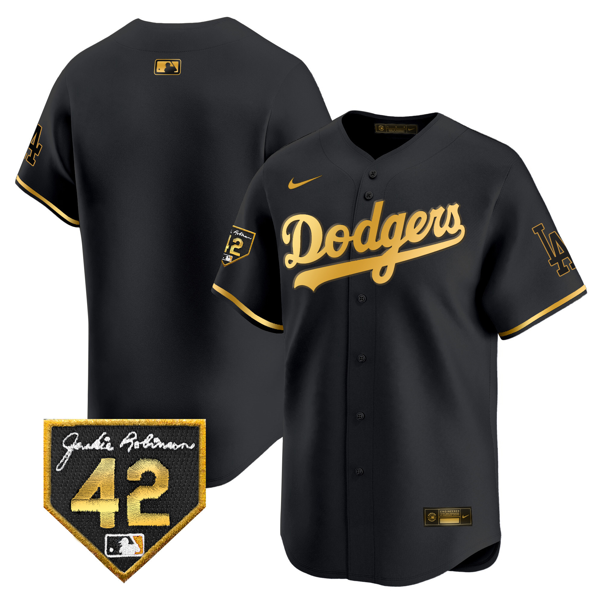 Team Men's Los Angeles Dodgers 2024 Jackie Robinson Patch Vapor Premier Limited Black Gold Jersey - All Stitched
