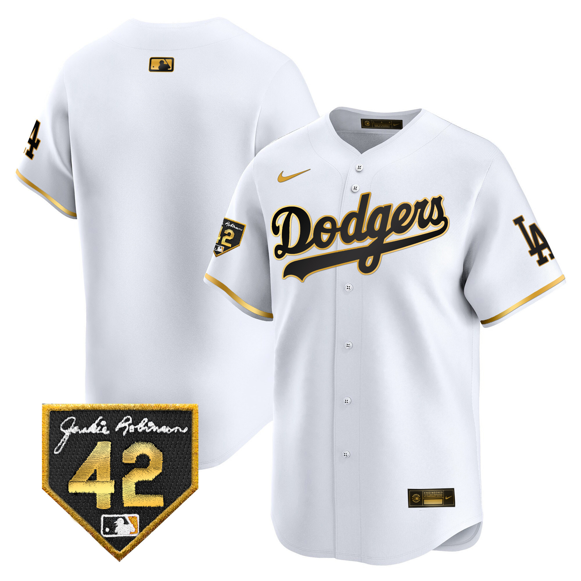 Team Men's Los Angeles Dodgers 2024 Jackie Robinson Patch Vapor Premier Limited White Gold Jersey - All Stitched
