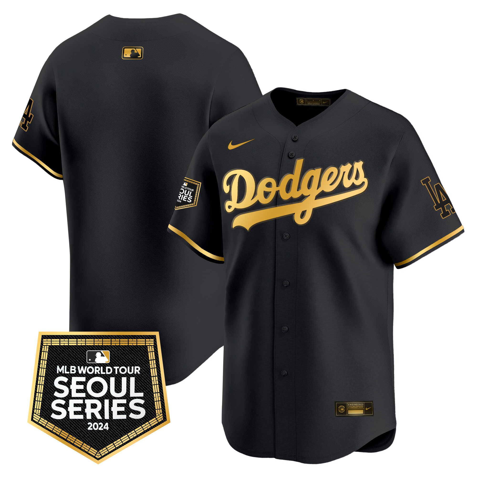 Team Men's Los Angeles Dodgers 2024 World Tour Seoul Series Patch Vapor Premier Limited Black Gold Jersey - All Stitched