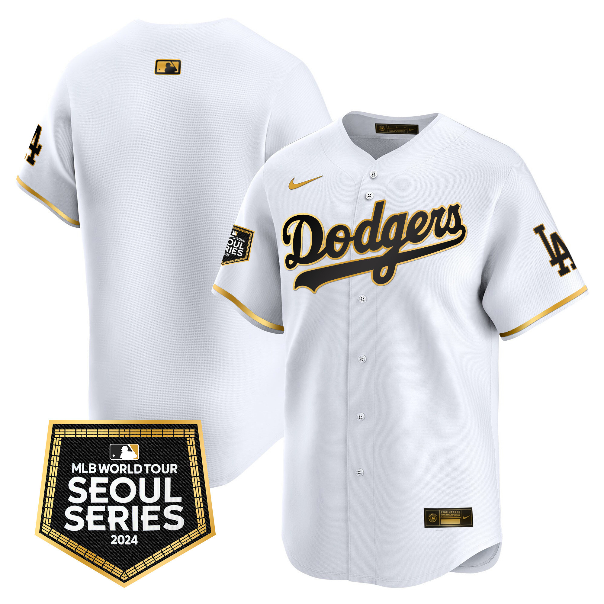 Team Men's Los Angeles Dodgers 2024 World Tour Seoul Series Patch Vapor Premier Limited White Gold Jersey - All Stitched