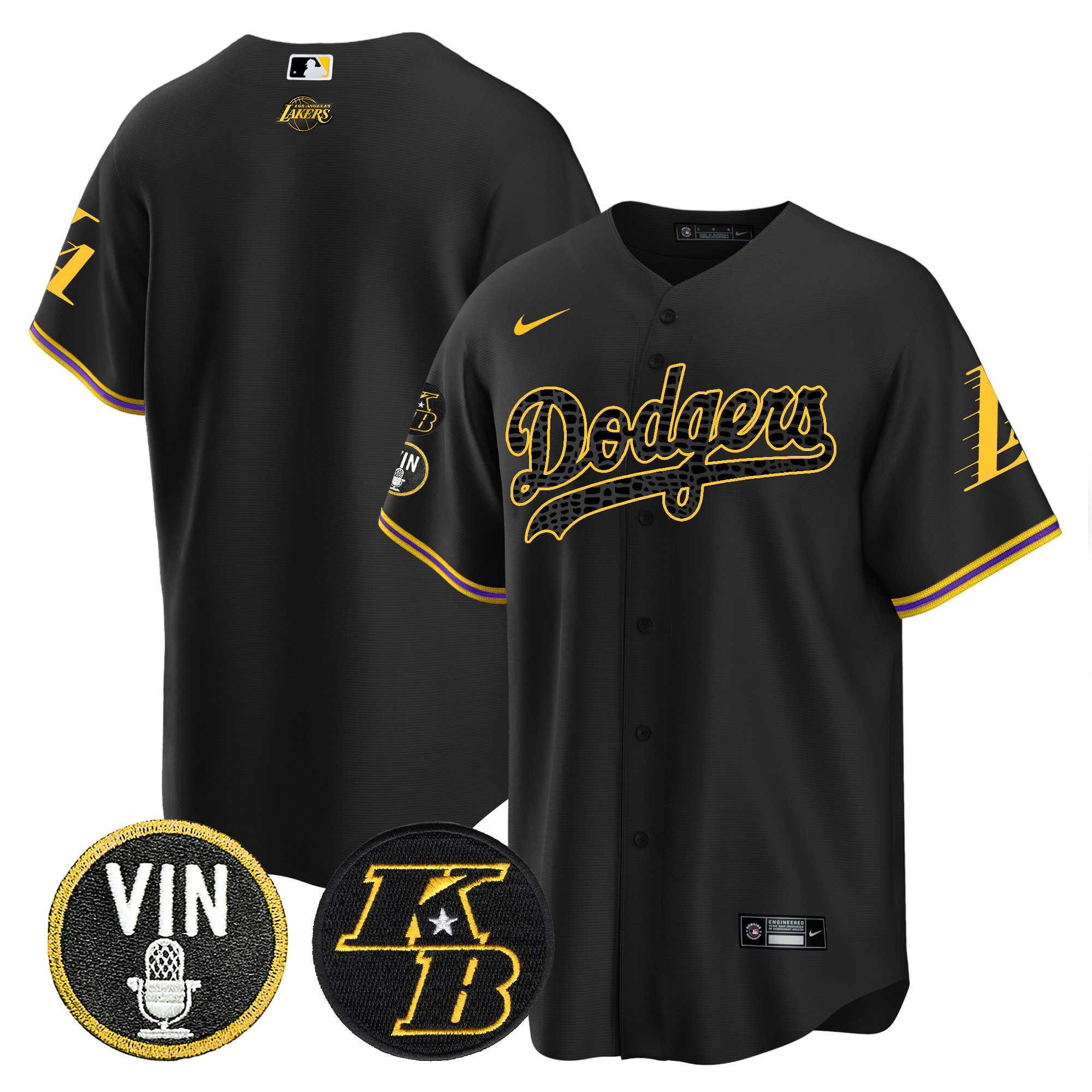 Team Men's Los Angeles Dodgers Bryant & Vin Patch Cool Base Mamba Black Jersey - All Stitched