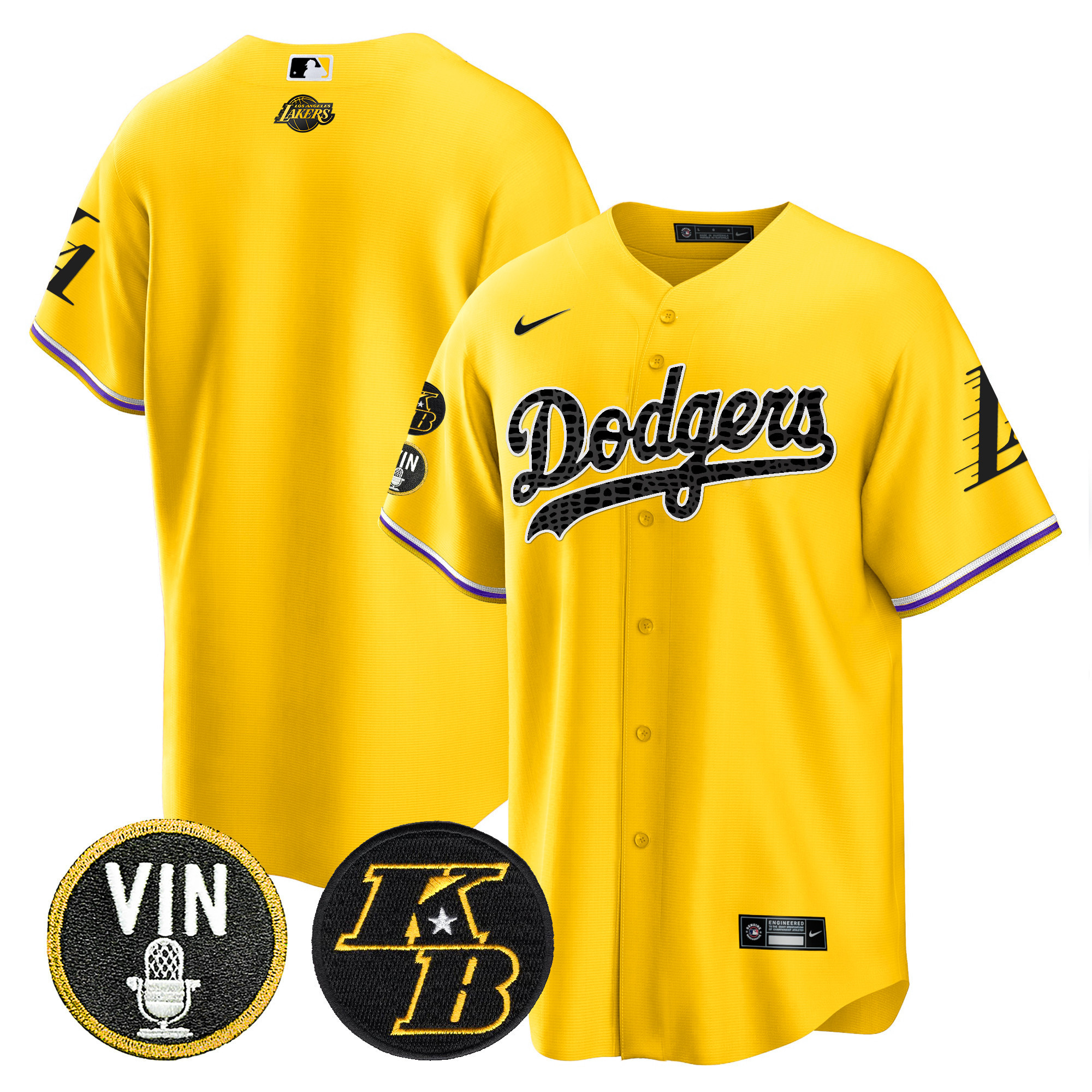 Team Men's Los Angeles Dodgers Bryant & Vin Patch Cool Base Mamba Gold Jersey - All Stitched