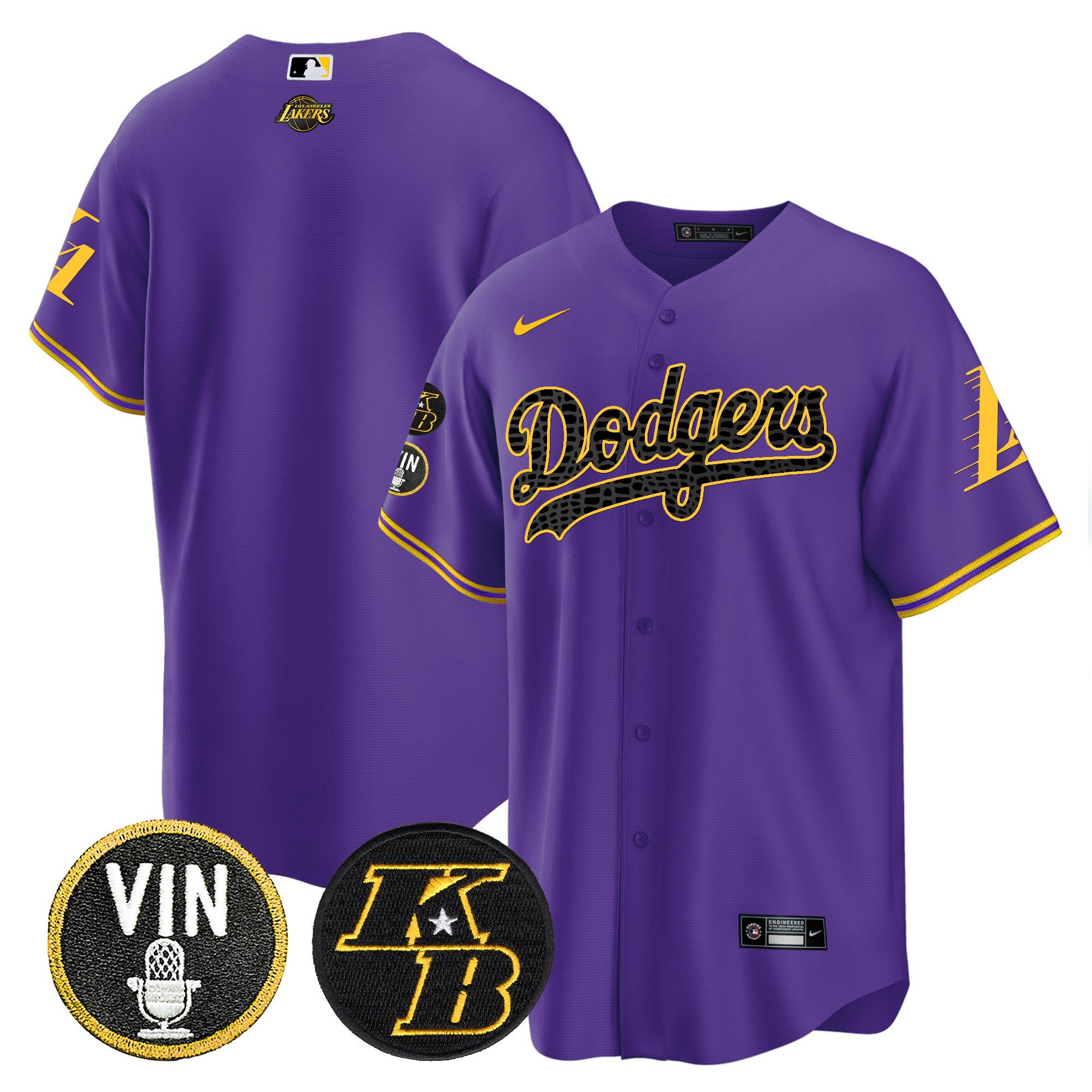 Team Men's Los Angeles Dodgers Bryant & Vin Patch Cool Base Mamba Purple Jersey - All Stitched