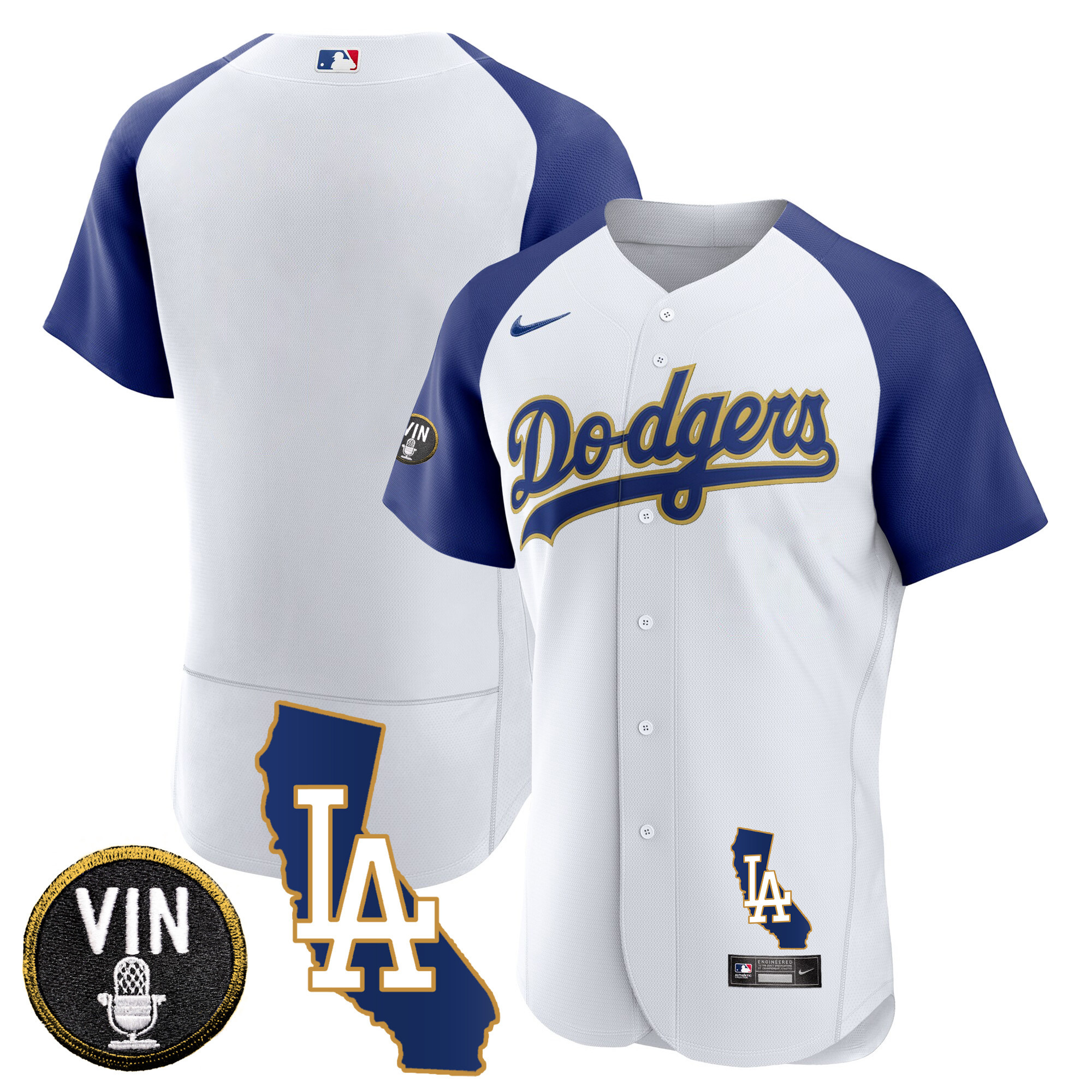 Team Men's Los Angeles Dodgers California Patch Gold Trim Flex Base Alternate White Jersey - All Stitched