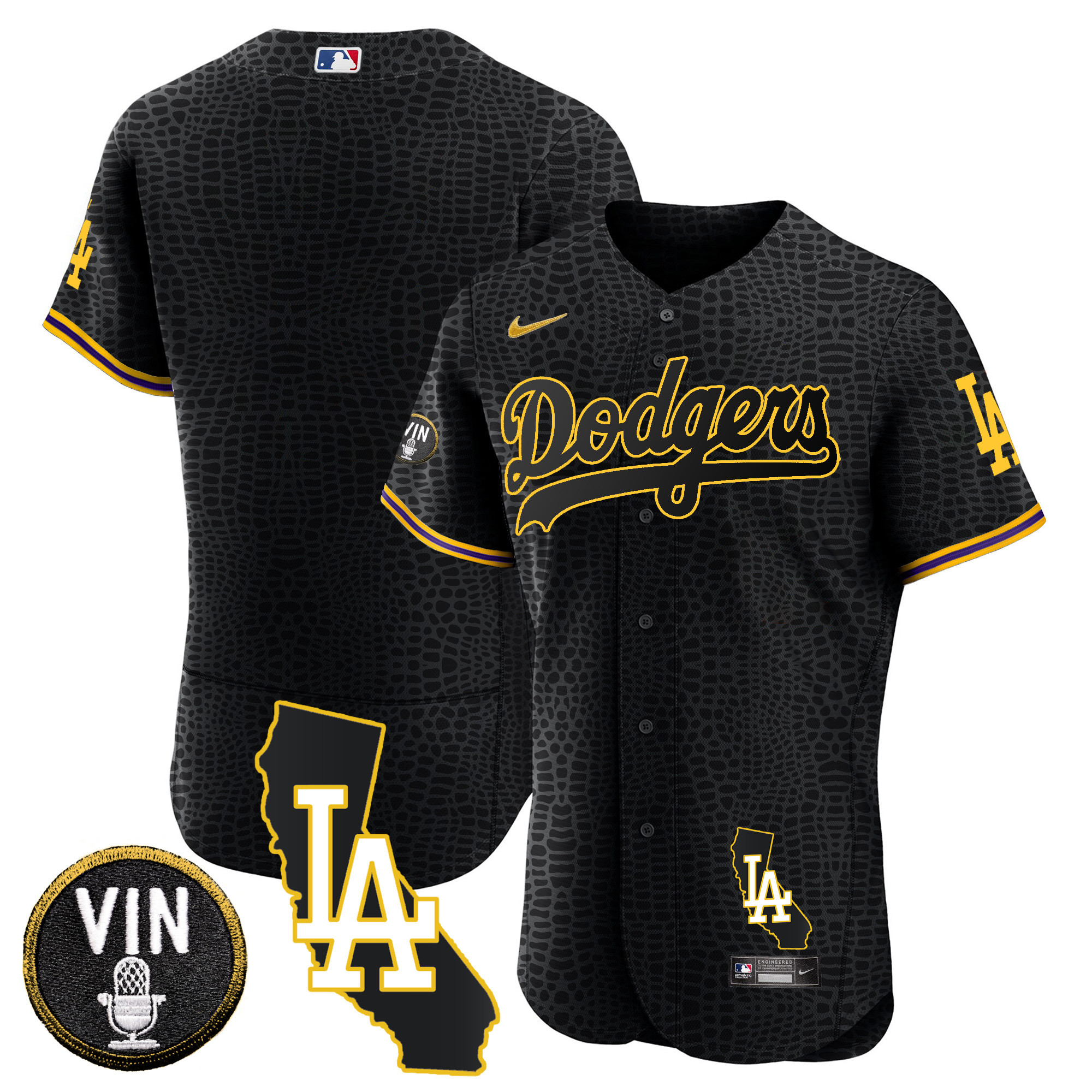 Team Men's Los Angeles Dodgers California Patch Gold Trim Flex Base Black Mamba Jersey - All Stitched