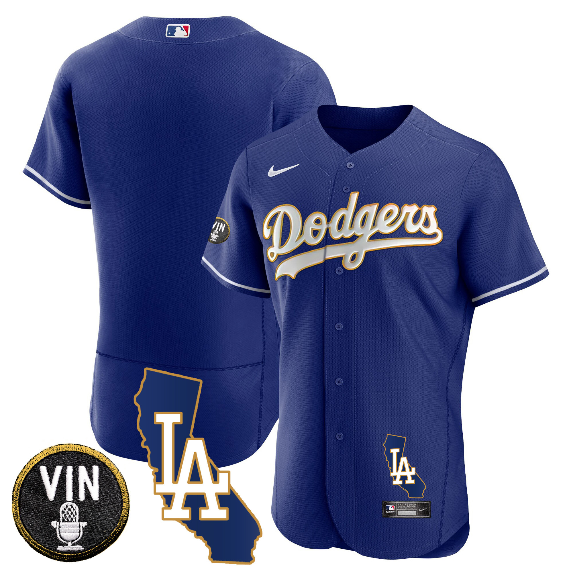 Team Men's Los Angeles Dodgers California Patch Gold Trim Flex Base Royal Jersey - All Stitched