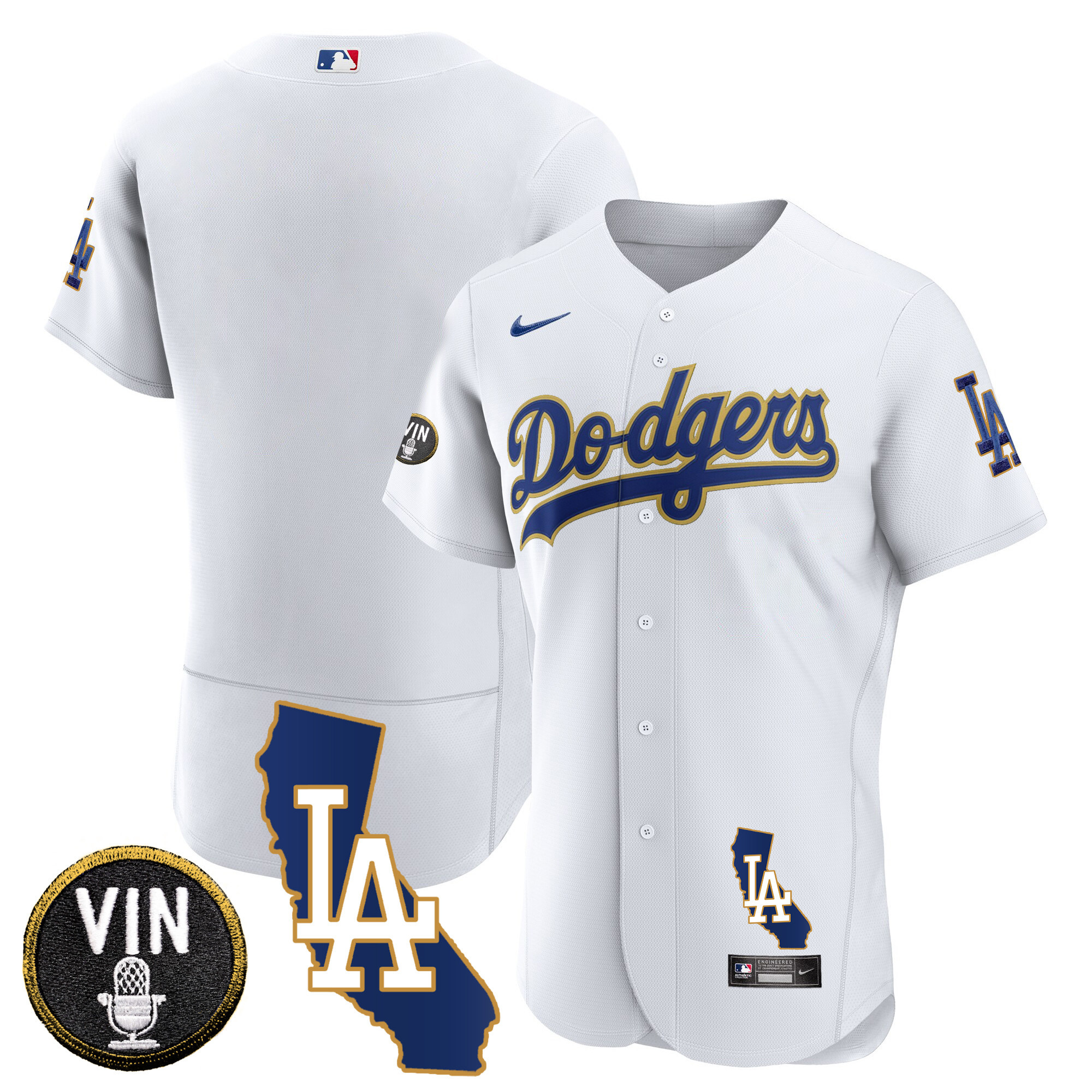 Team Men's Los Angeles Dodgers California Patch Gold Trim Flex Base White Jersey - All Stitched