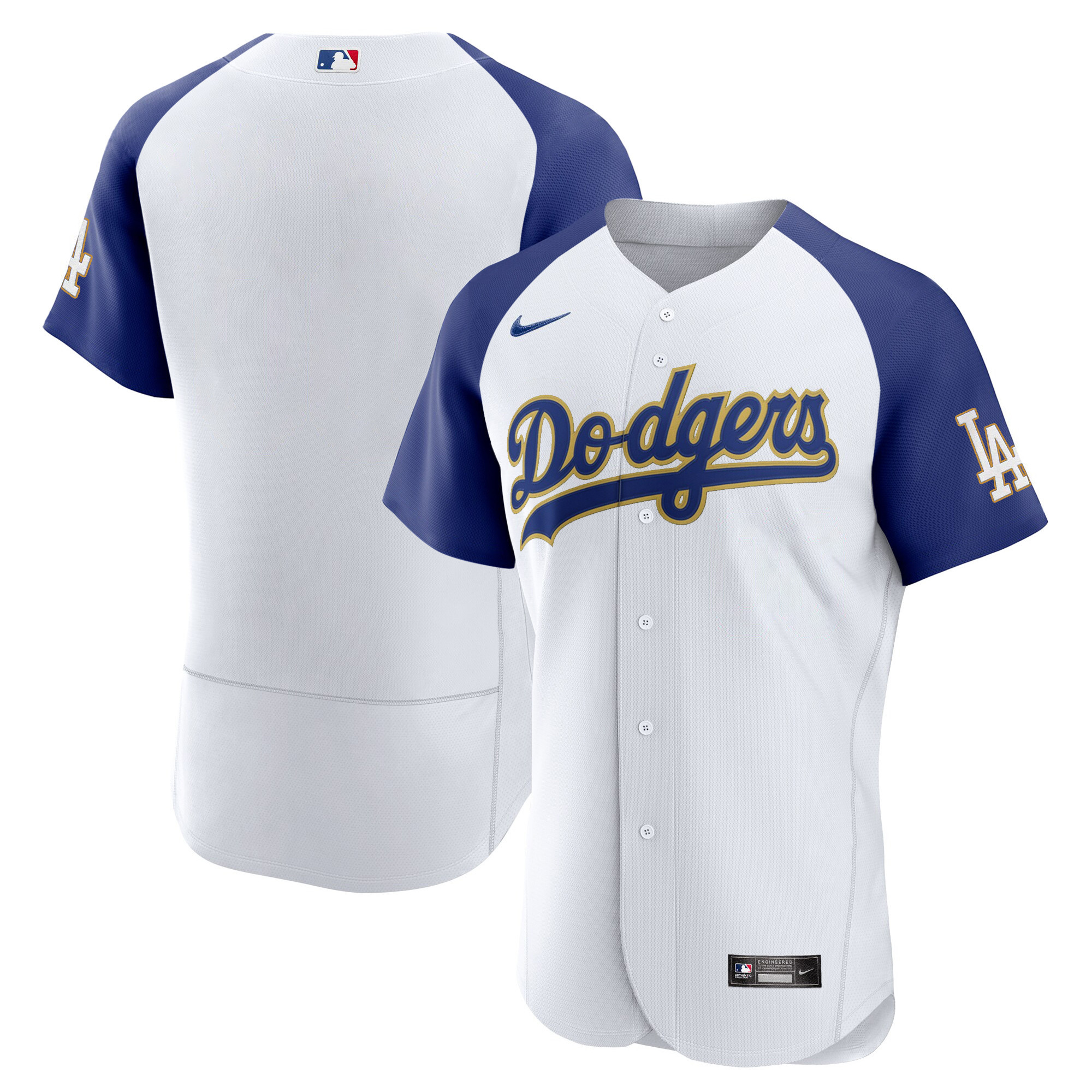 Team Men's Los Angeles Dodgers Gold Trim Flex Base Alternate White Jersey - All Stitched