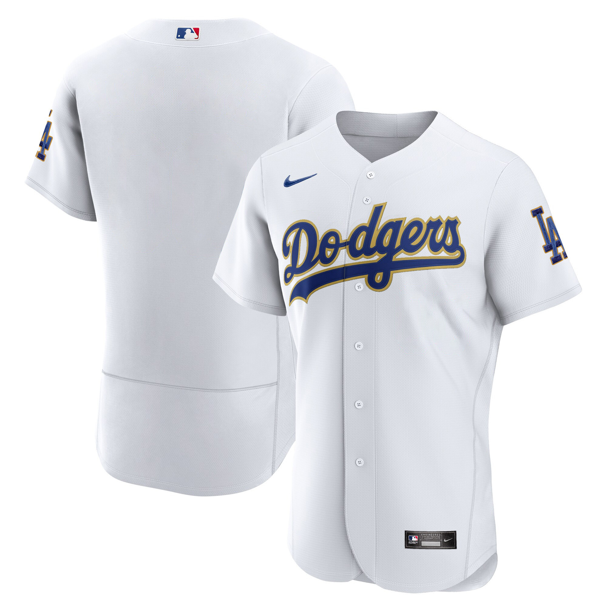 Team Men's Los Angeles Dodgers Gold Trim Flex Base White Jersey - All Stitched