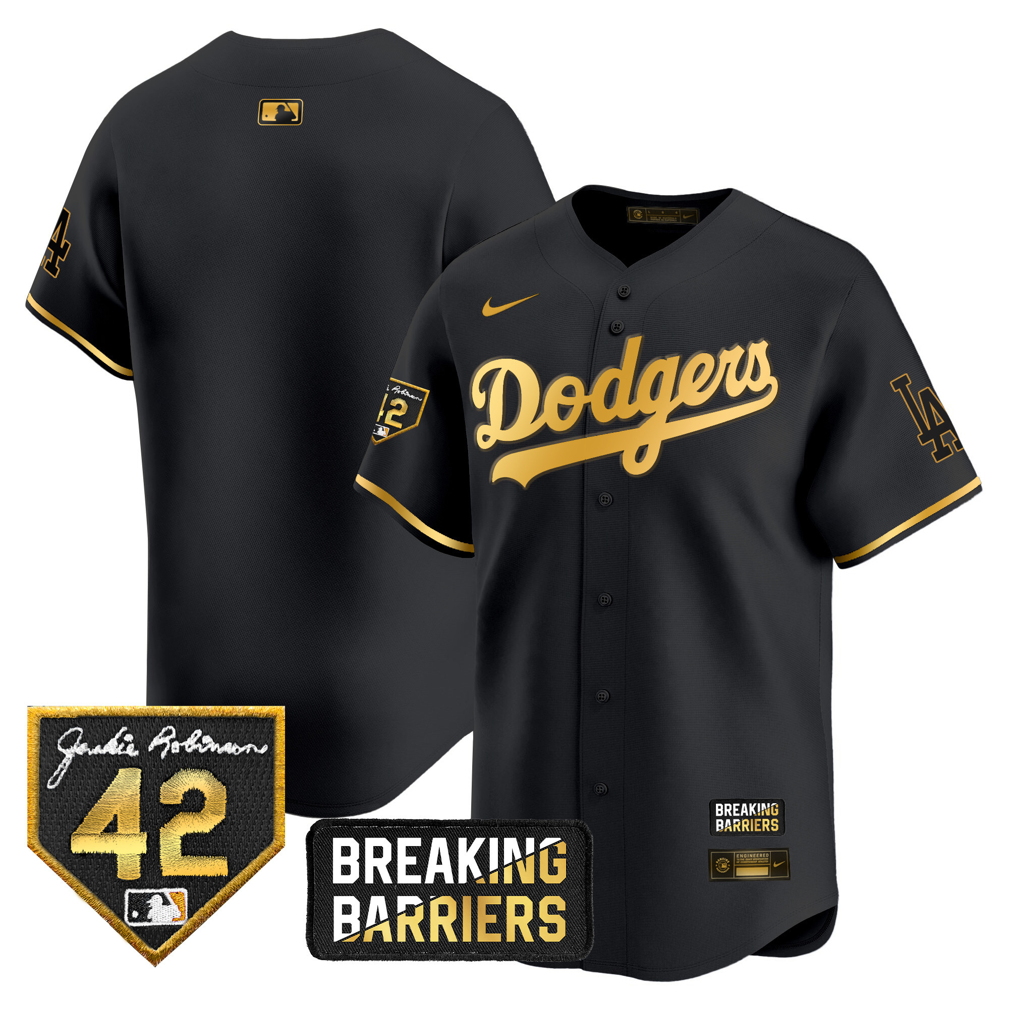 Team Men's Los Angeles Dodgers Jackie Robinson Breaking Barriers Patch Vapor Premier Limited Black Gold Jersey - All Stitched