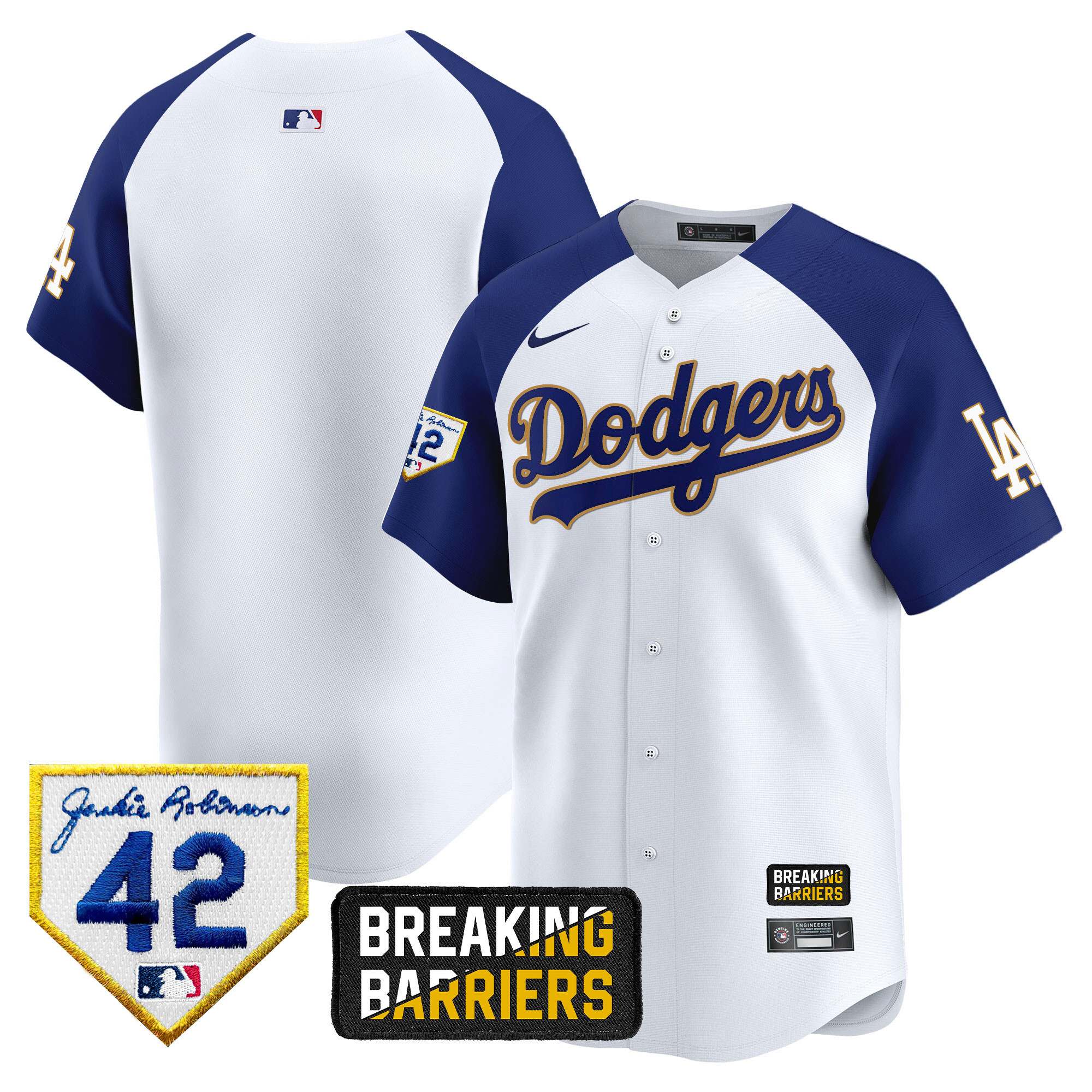 Team Men's Los Angeles Dodgers Jackie Robinson Breaking Barriers Patch Vapor Premier Limited White Alternate Jersey - All Stitched