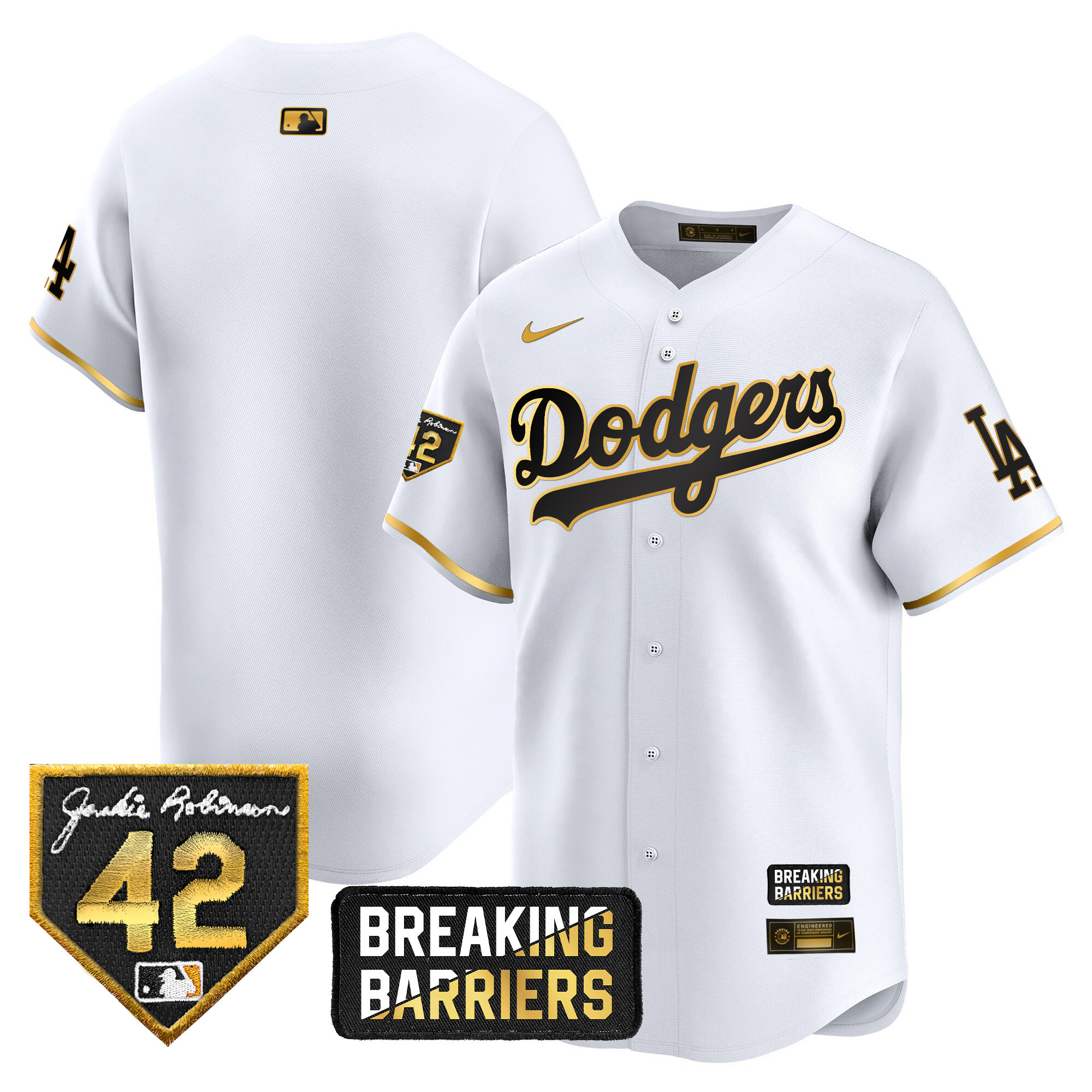 Team Men's Los Angeles Dodgers Jackie Robinson Breaking Barriers Patch Vapor Premier Limited White Gold Jersey - All Stitched