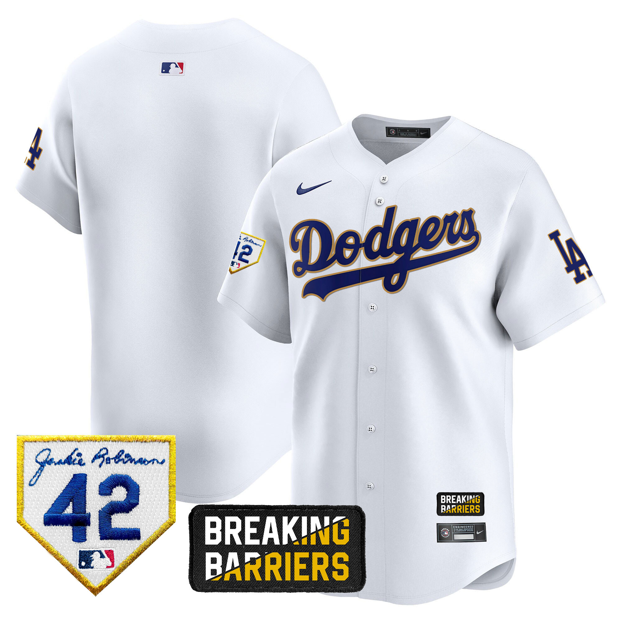 Team Men's Los Angeles Dodgers Jackie Robinson Breaking Barriers Patch Vapor Premier Limited White Jersey - All Stitched