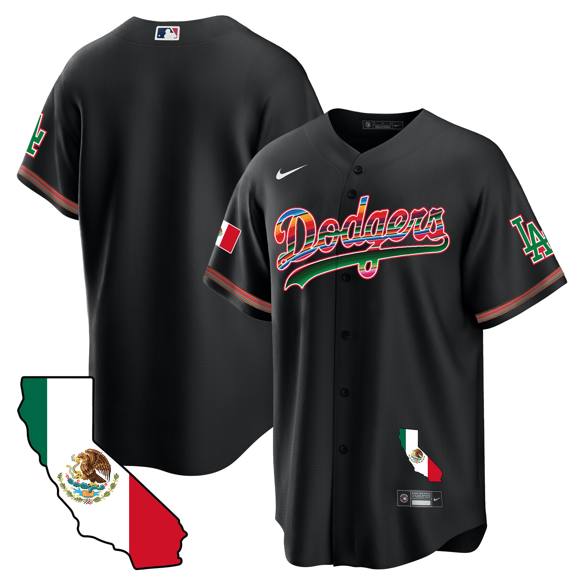 Team Men's Los Angeles Dodgers Mexico California Map Cool Base Black Jersey - All Stitched