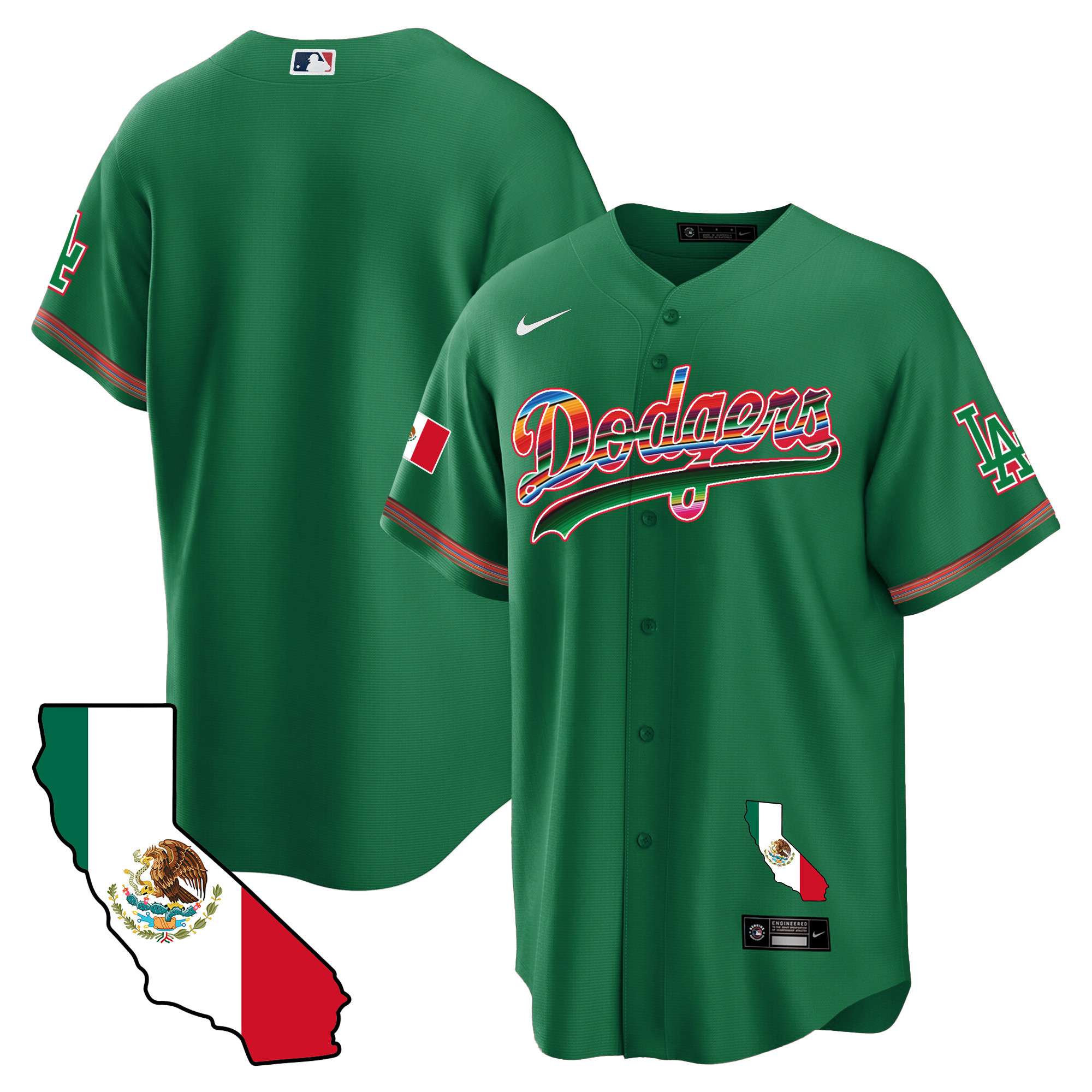 Team Men's Los Angeles Dodgers Mexico California Map Cool Base Green Jersey - All Stitched