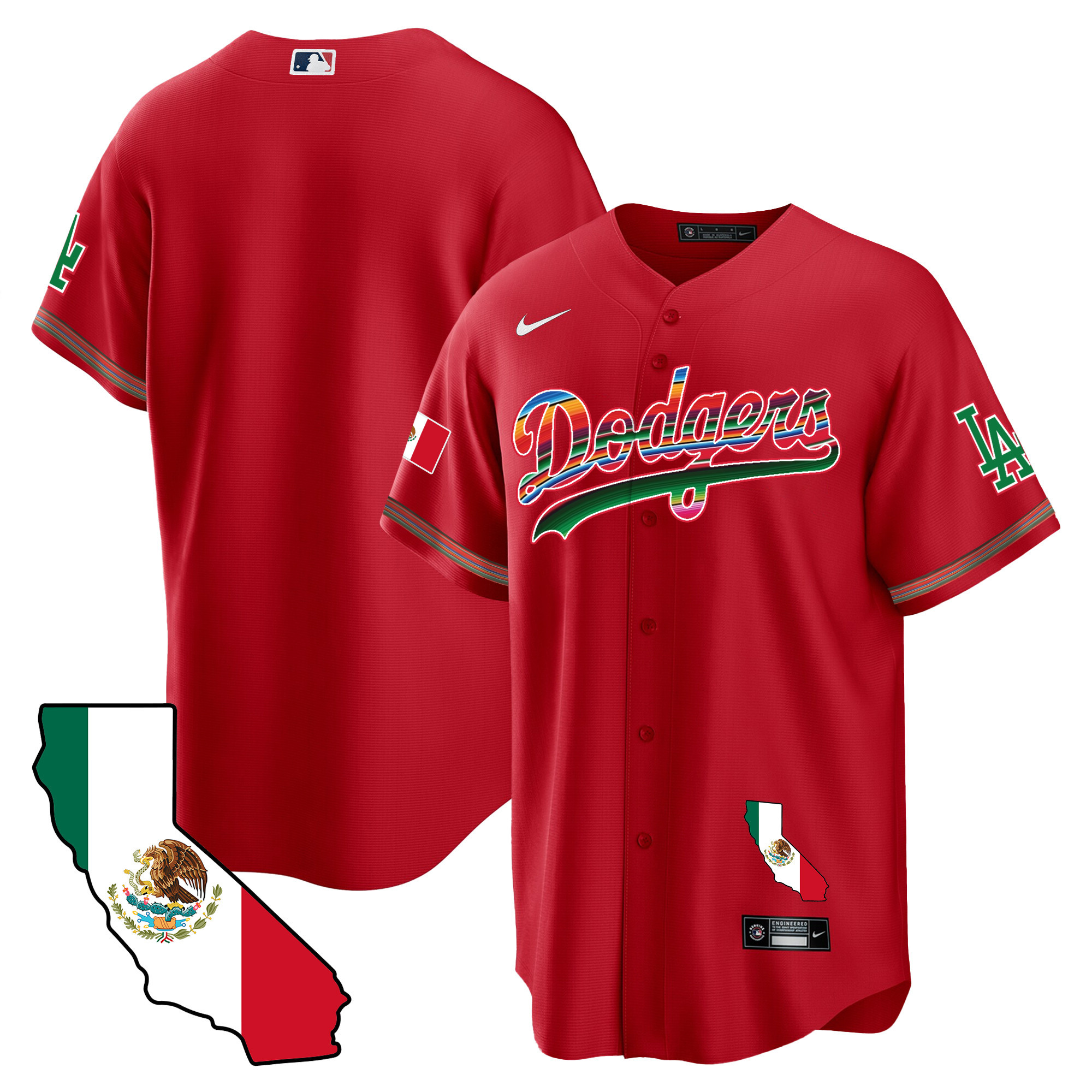 Team Men's Los Angeles Dodgers Mexico California Map Cool Base Red Jersey - All Stitched