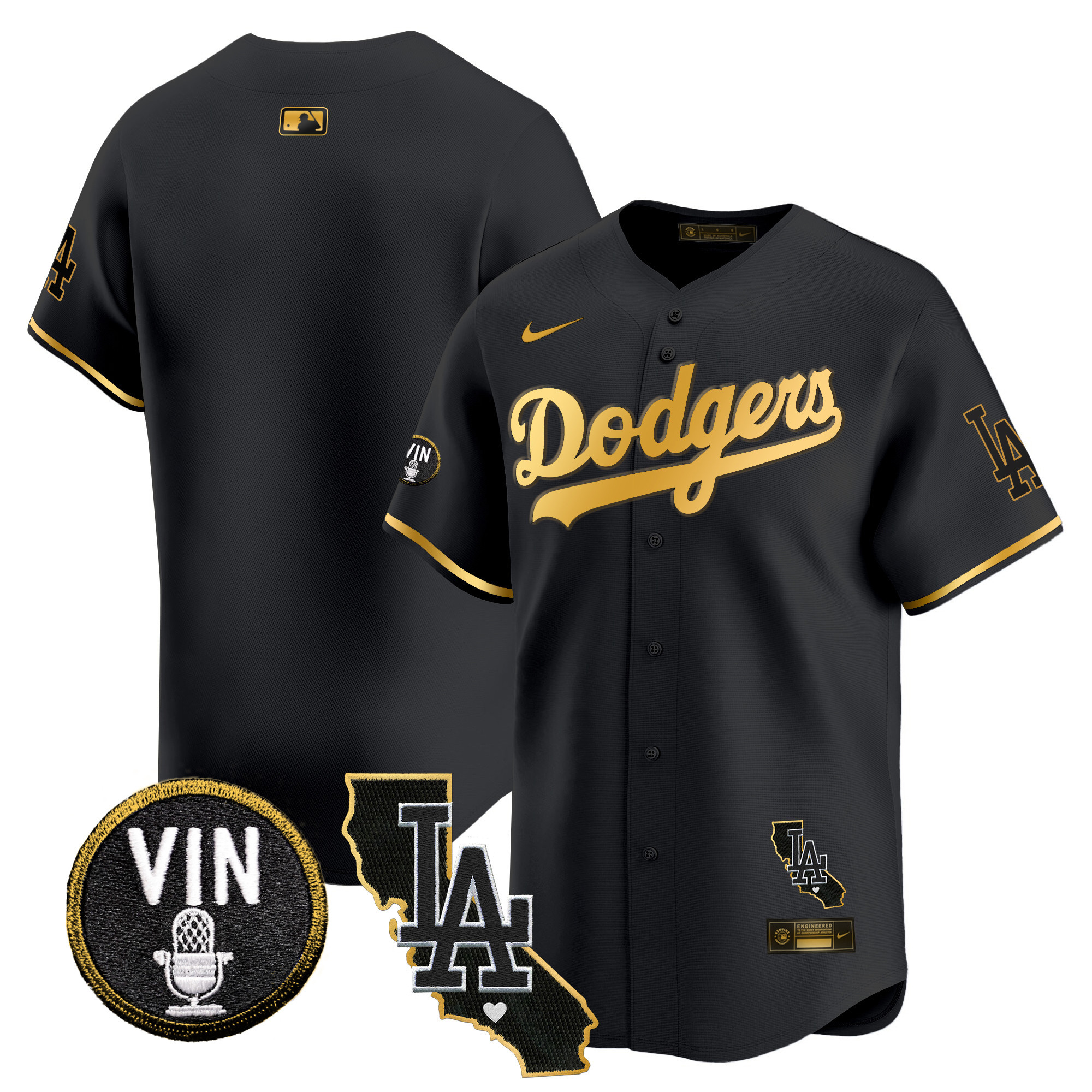 Team Men's Los Angeles Dodgers Vin & California Patch Gold Trim Vapor Premier Limited Black Gold Jersey - All Stitched