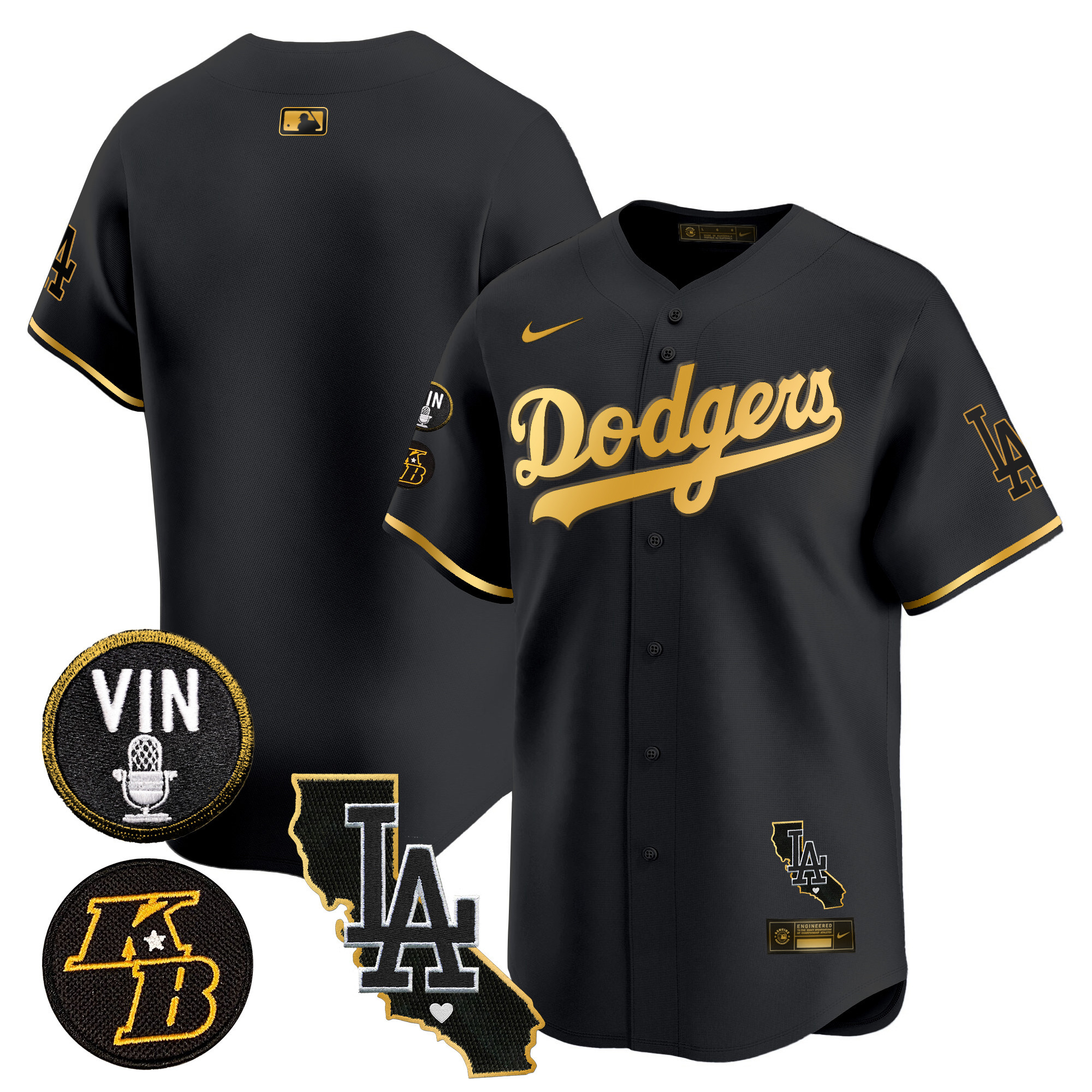 Team Men's Los Angeles Dodgers Vin & Kobe Patch Gold Trim Vapor Premier Limited V2 Black Gold Jersey - All Stitched