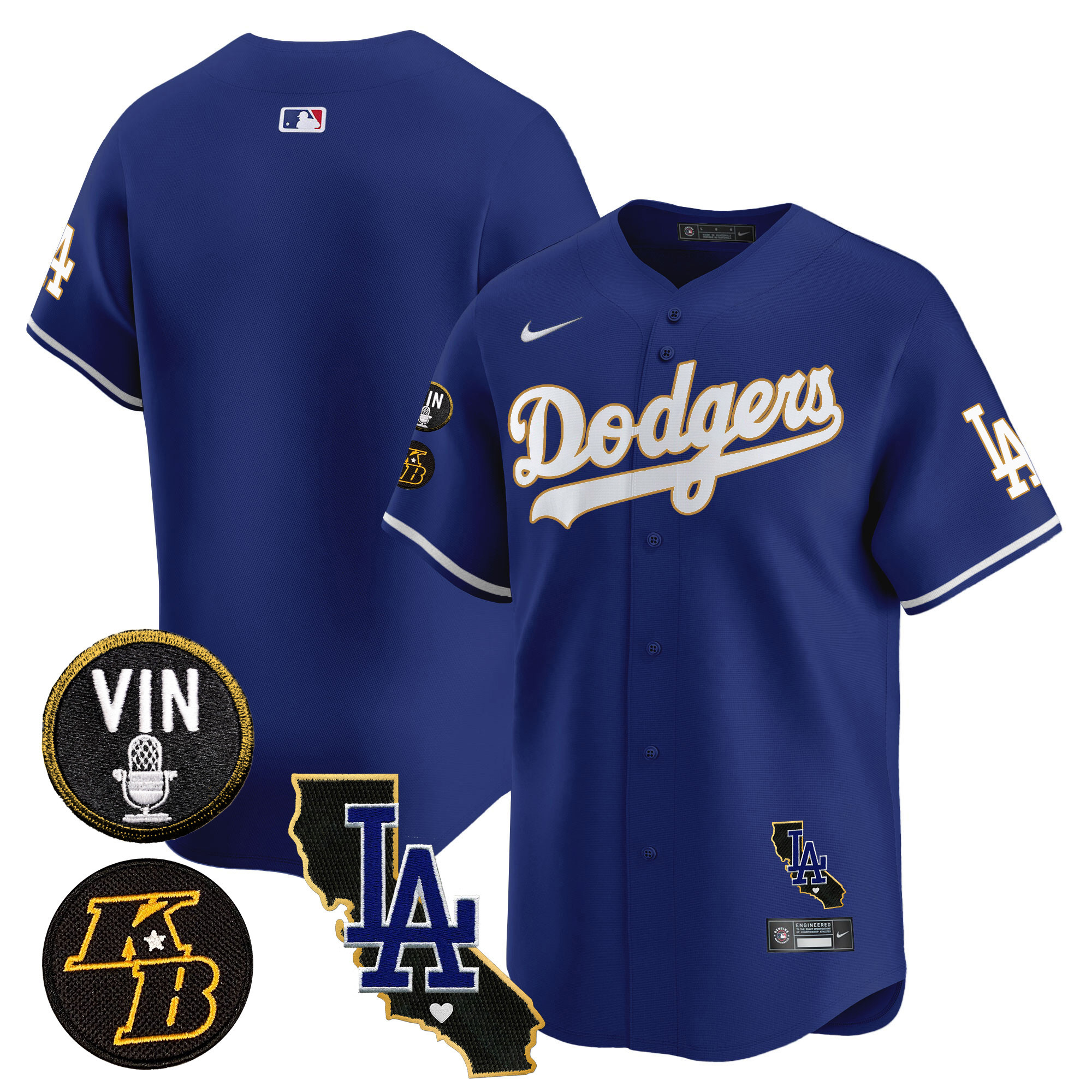 Team Men's Los Angeles Dodgers Vin & Kobe Patch Gold Trim Vapor Premier Limited V2 Royal Jersey - All Stitched