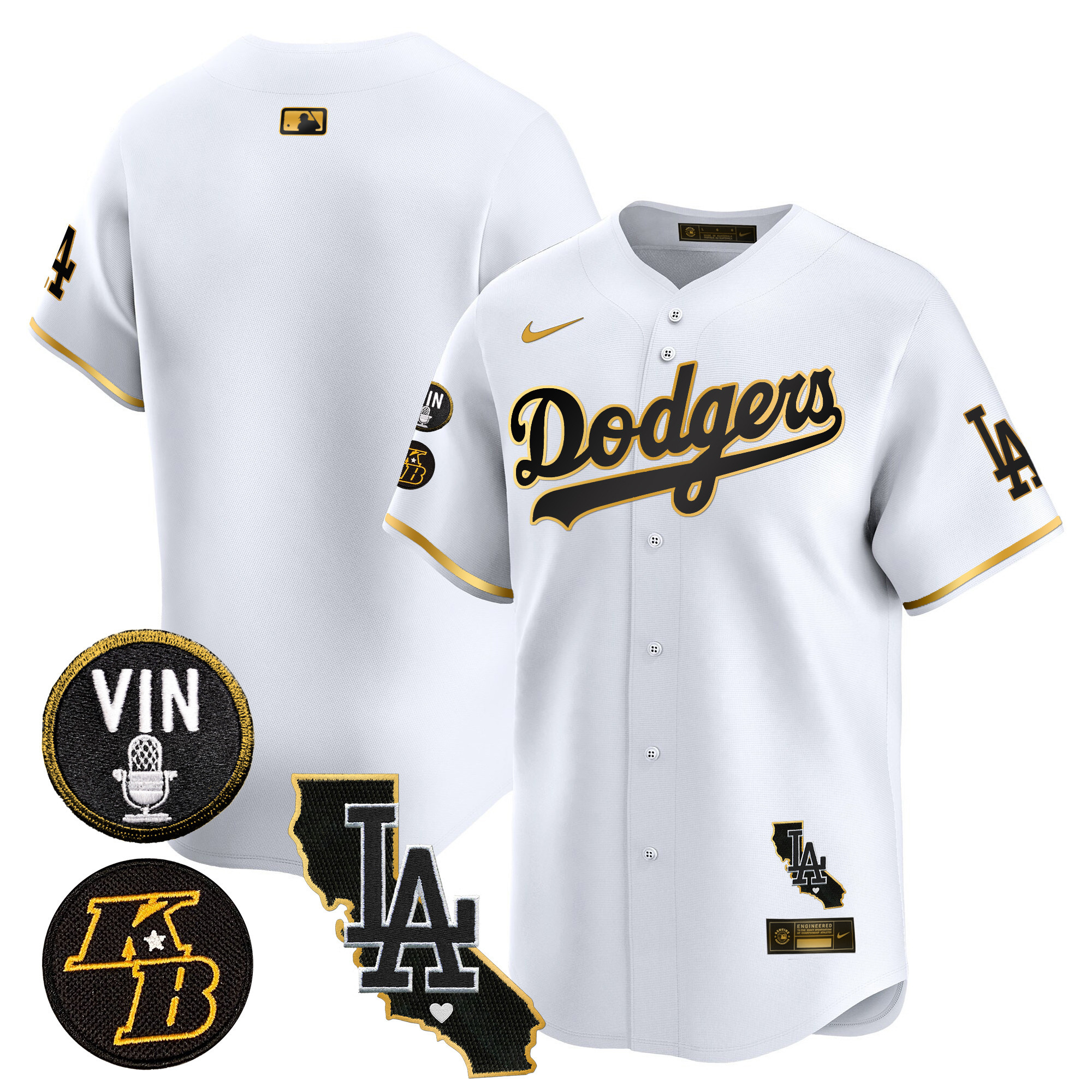 Team Men's Los Angeles Dodgers Vin & Kobe Patch Gold Trim Vapor Premier Limited V2 White Gold Jersey - All Stitched