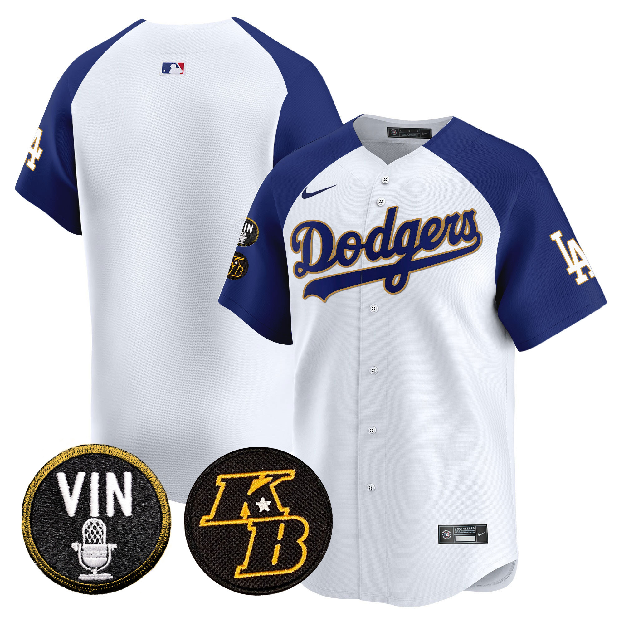 Team Men's Los Angeles Dodgers Vin & Kobe Patch Gold Trim Vapor Premier Limited White Alternate Jersey - All Stitched