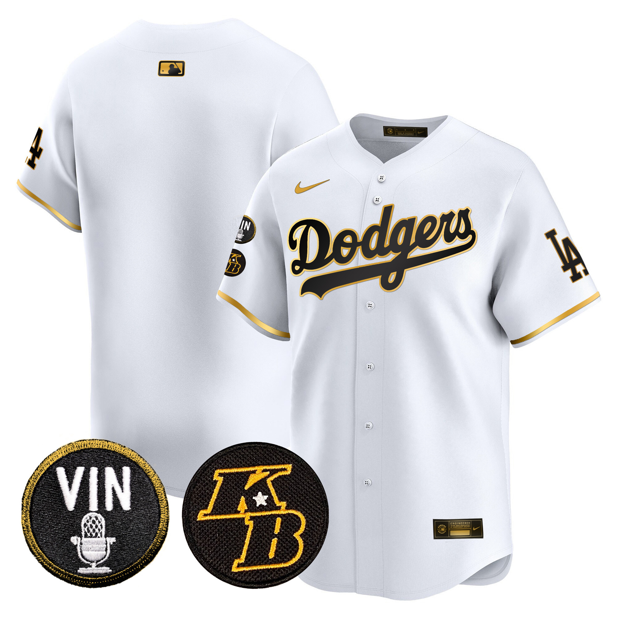 Team Men's Los Angeles Dodgers Vin & Kobe Patch Gold Trim Vapor Premier Limited White Gold Jersey - All Stitched