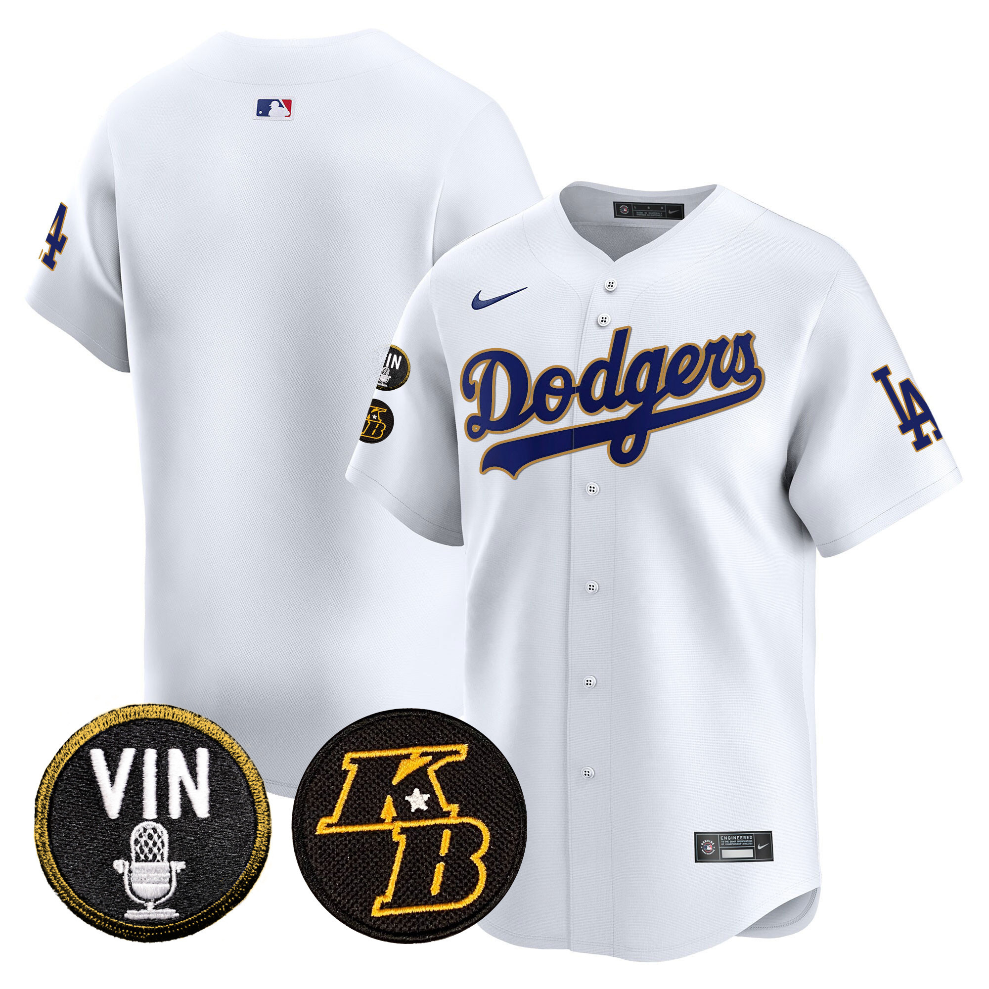Team Men's Los Angeles Dodgers Vin & Kobe Patch Gold Trim Vapor Premier Limited White Jersey - All Stitched
