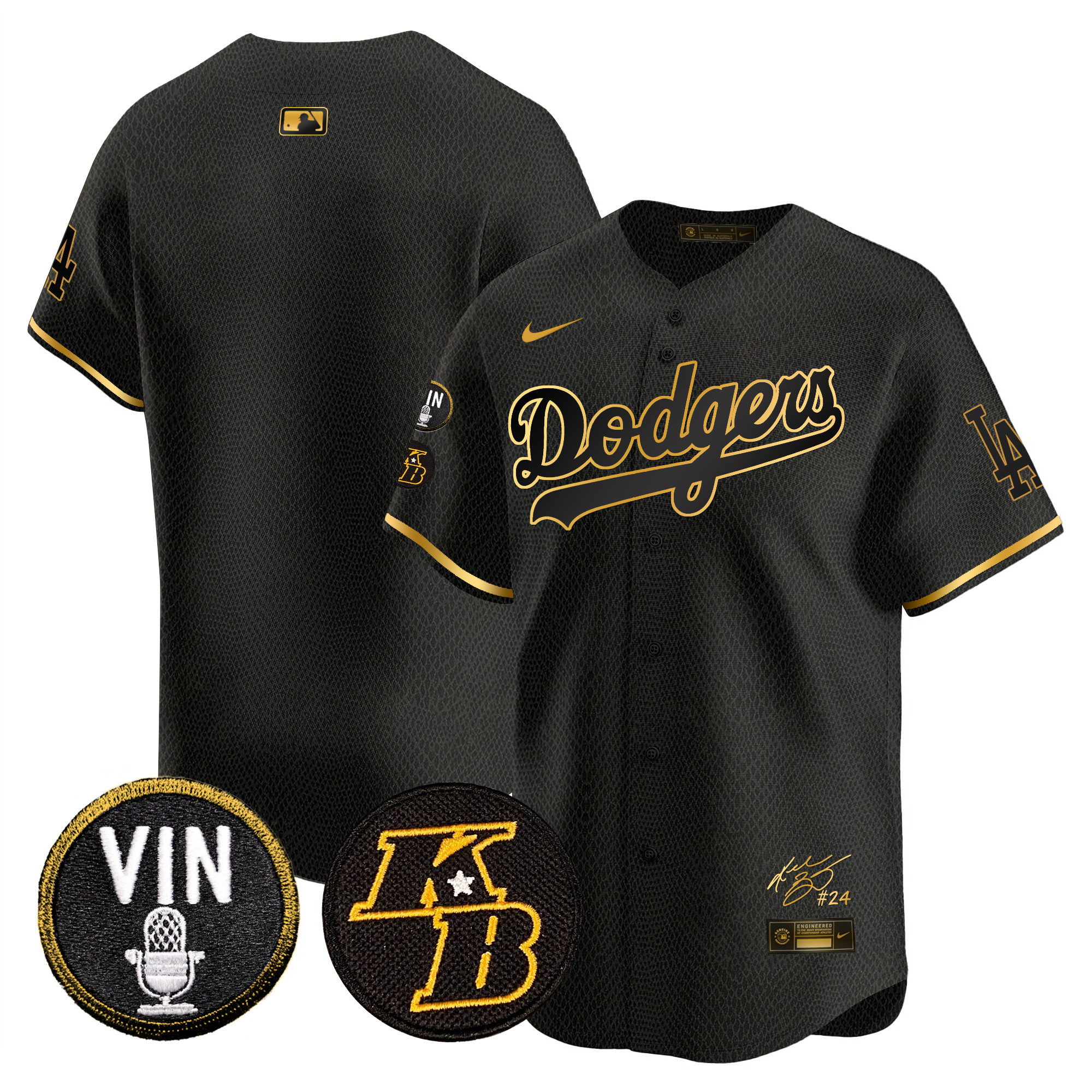Team Men's Los Angeles Dodgers Vin Patch & Kobe Bryant Signature Vapor Premier Limited Mamba Gold Jersey - All Stitched