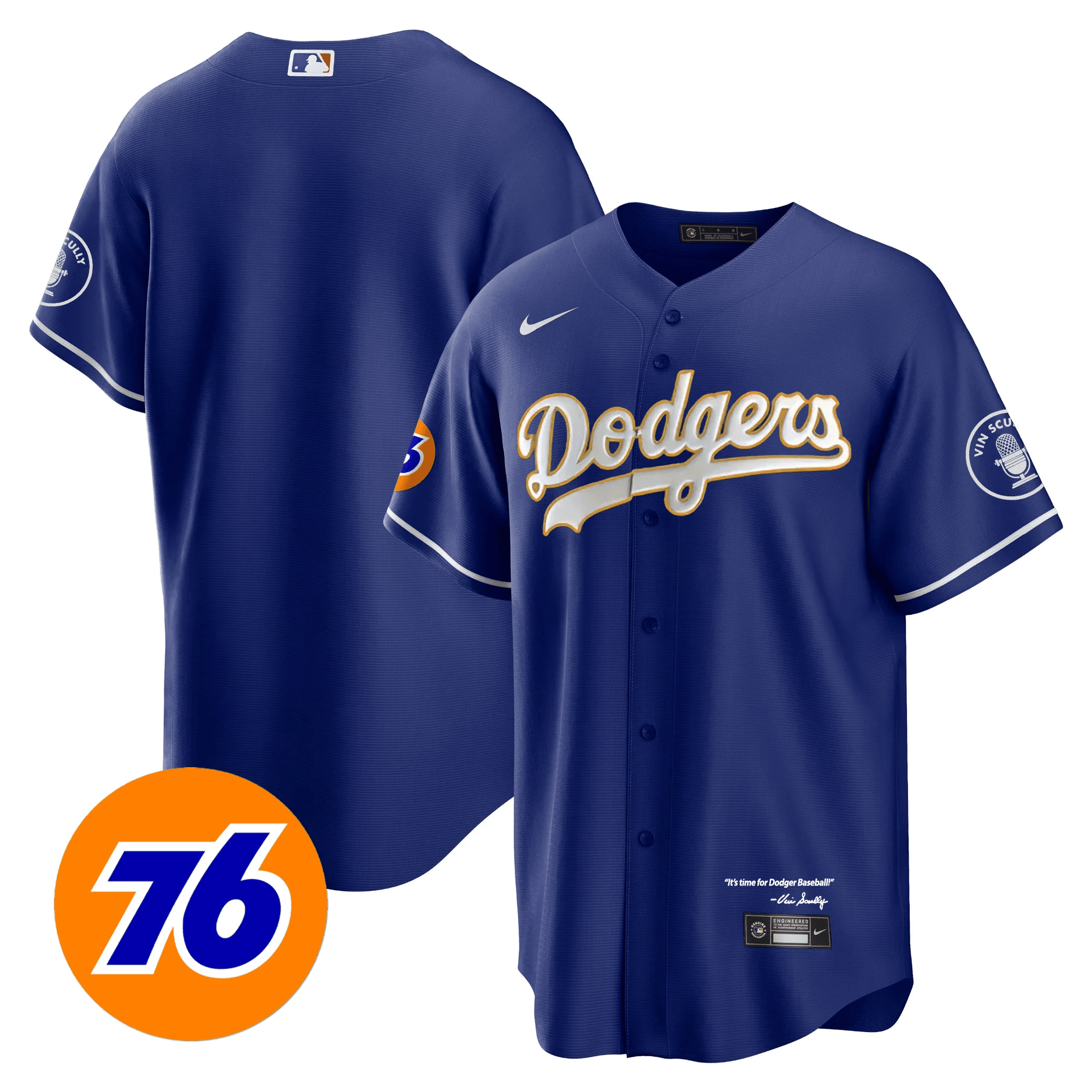 Team Men's Los Angeles Dodgers Vin Scully 76 Patch Gold Trim Player Cool Royal Jersey - All Stitched