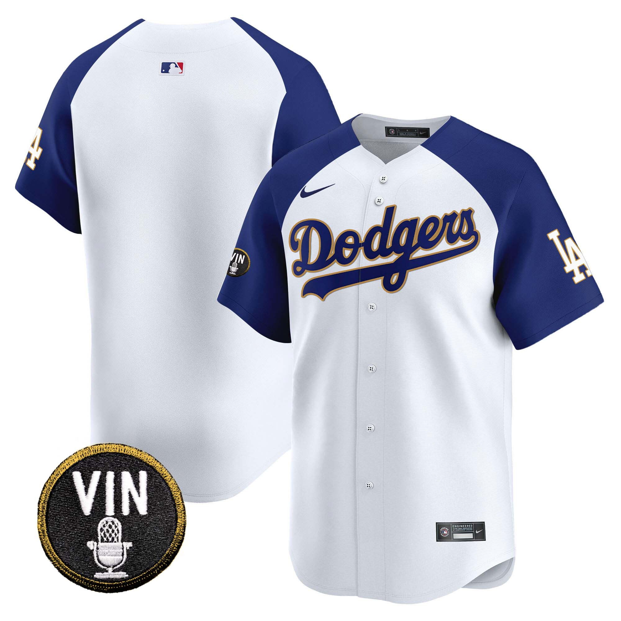 Team Men's Los Angeles Dodgers Vin Scully Patch Gold Trim Vapor Premier Limited Alternate White Jersey - All Stitched