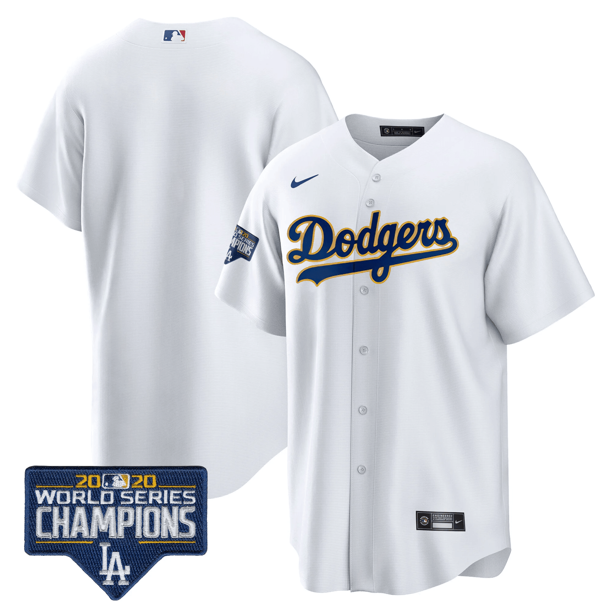 Team Men's Los Angeles Dodgers World Series Champions Patch Cool Base Gold Trim White Jersey - All Stitched