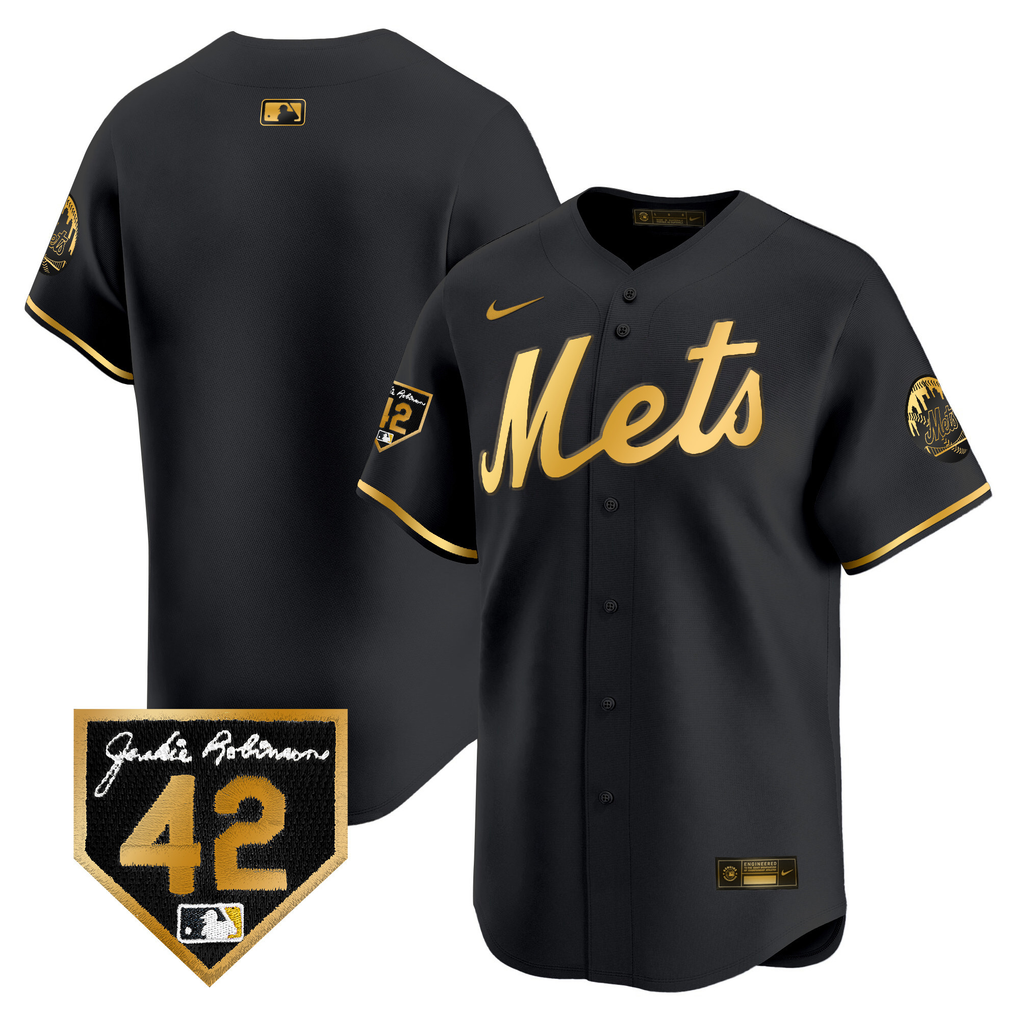 Team Men's New York Mets 2024 Jackie Robinson Patch Vapor Premier Limited Black Gold Jersey - All Stitched