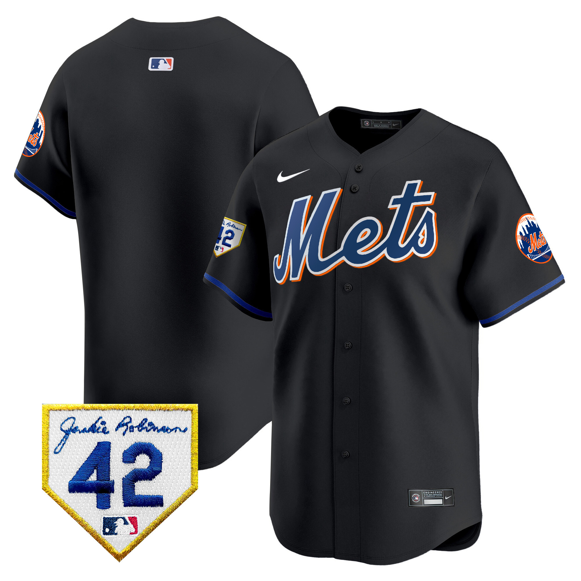 Team Men's New York Mets 2024 Jackie Robinson Patch Vapor Premier Limited Black Jersey - All Stitched