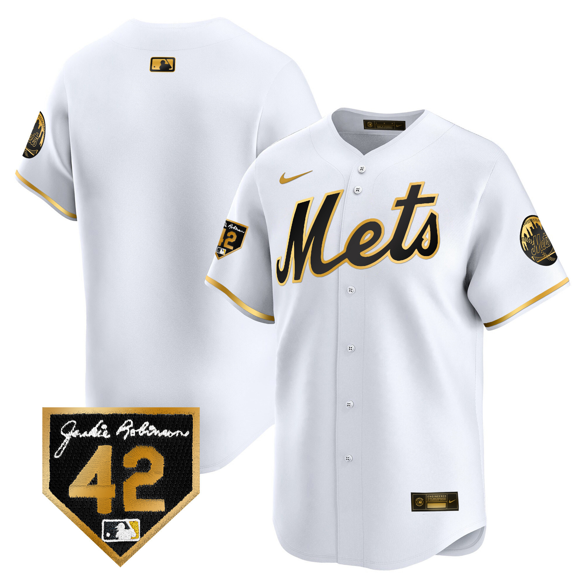Team Men's New York Mets 2024 Jackie Robinson Patch Vapor Premier Limited White Gold Jersey - All Stitched