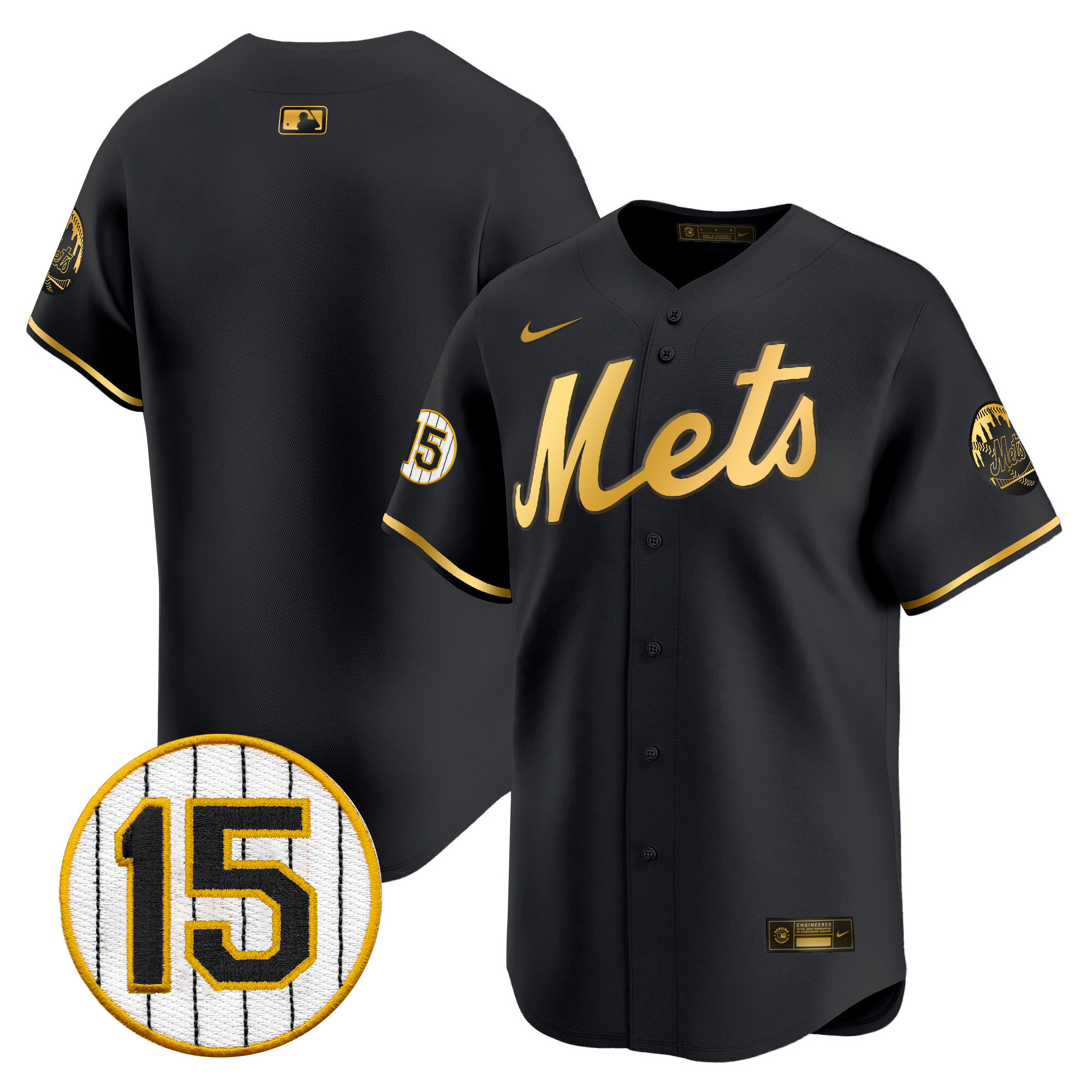 Team Men's New York Mets Jerry Grote Patch Vapor Premier Limited Black Gold Jersey - All Stitched