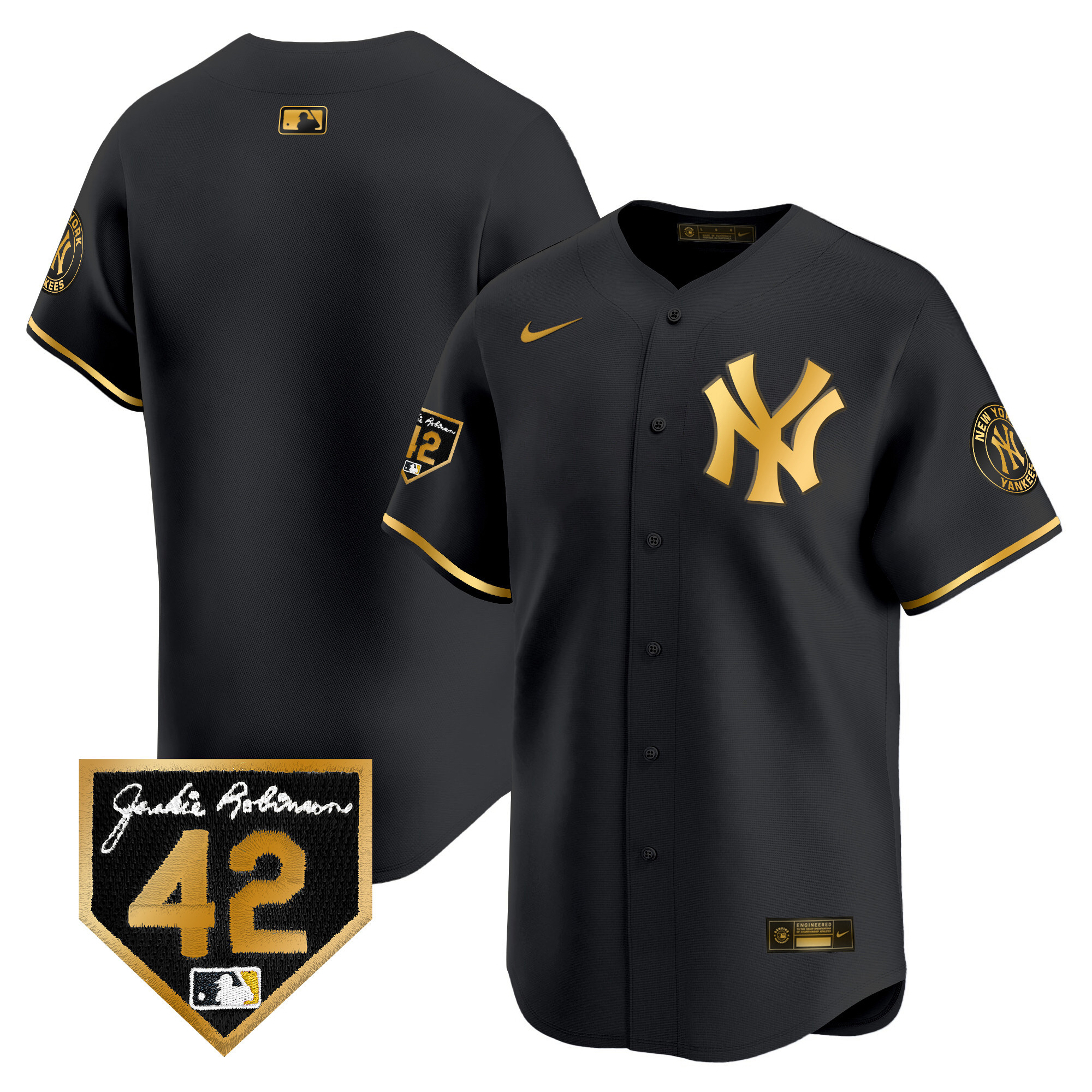 Team Men's New York Yankees 2024 Jackie Robinson Patch Vapor Premier Limited Black Gold Jersey - All Stitched