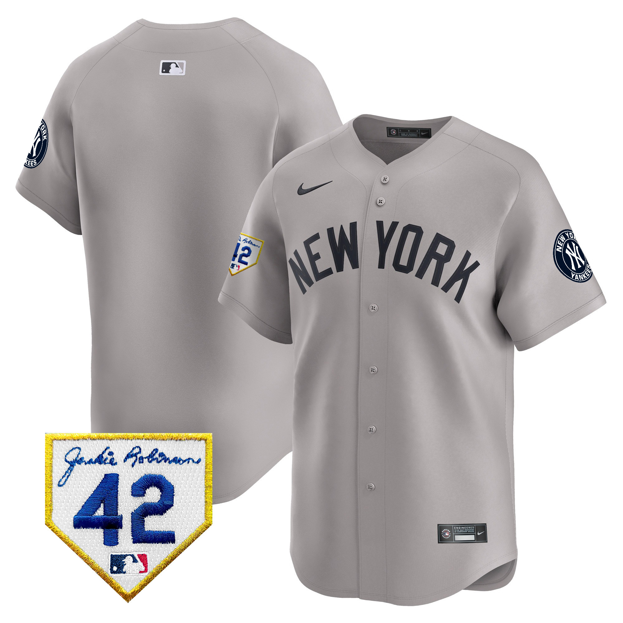 Team Men's New York Yankees 2024 Jackie Robinson Patch Vapor Premier Limited Gray Jersey - All Stitched