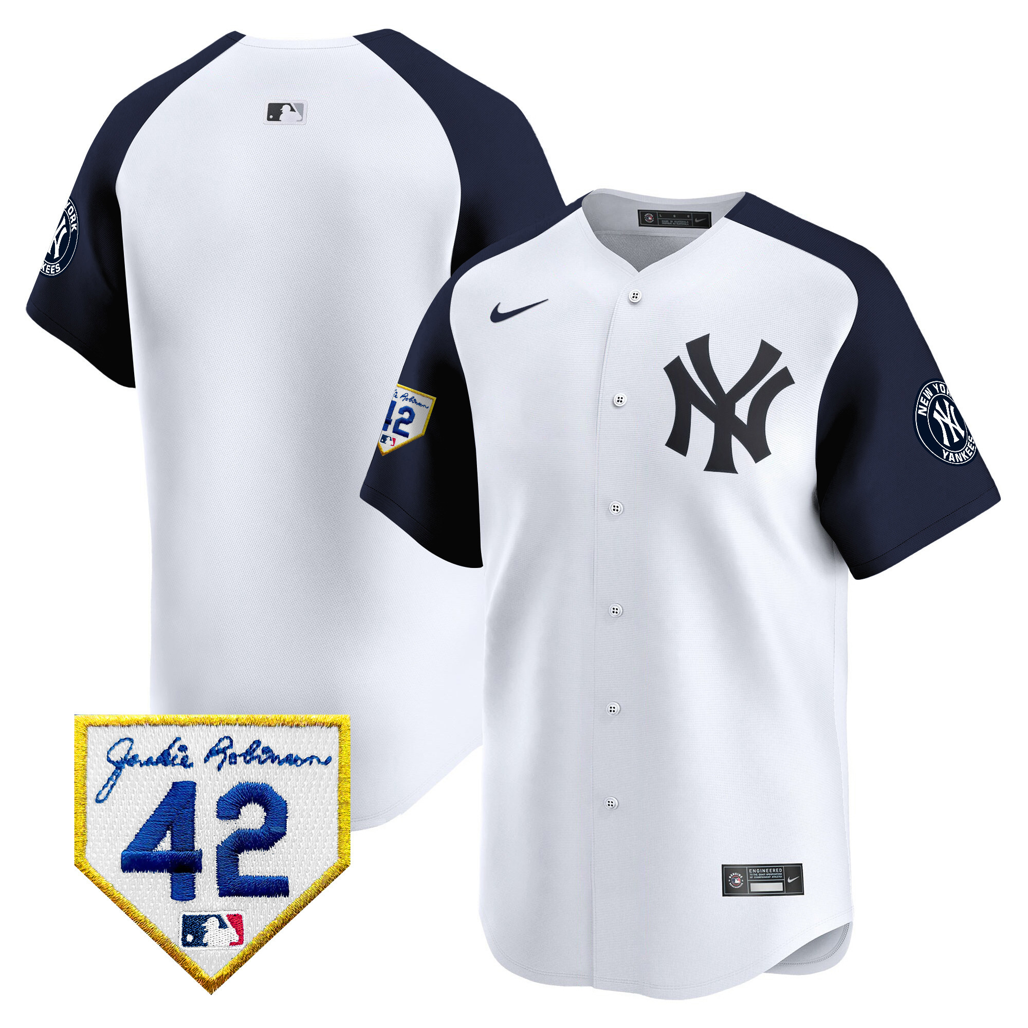 Team Men's New York Yankees 2024 Jackie Robinson Patch Vapor Premier Limited White Alternate Jersey - All Stitched