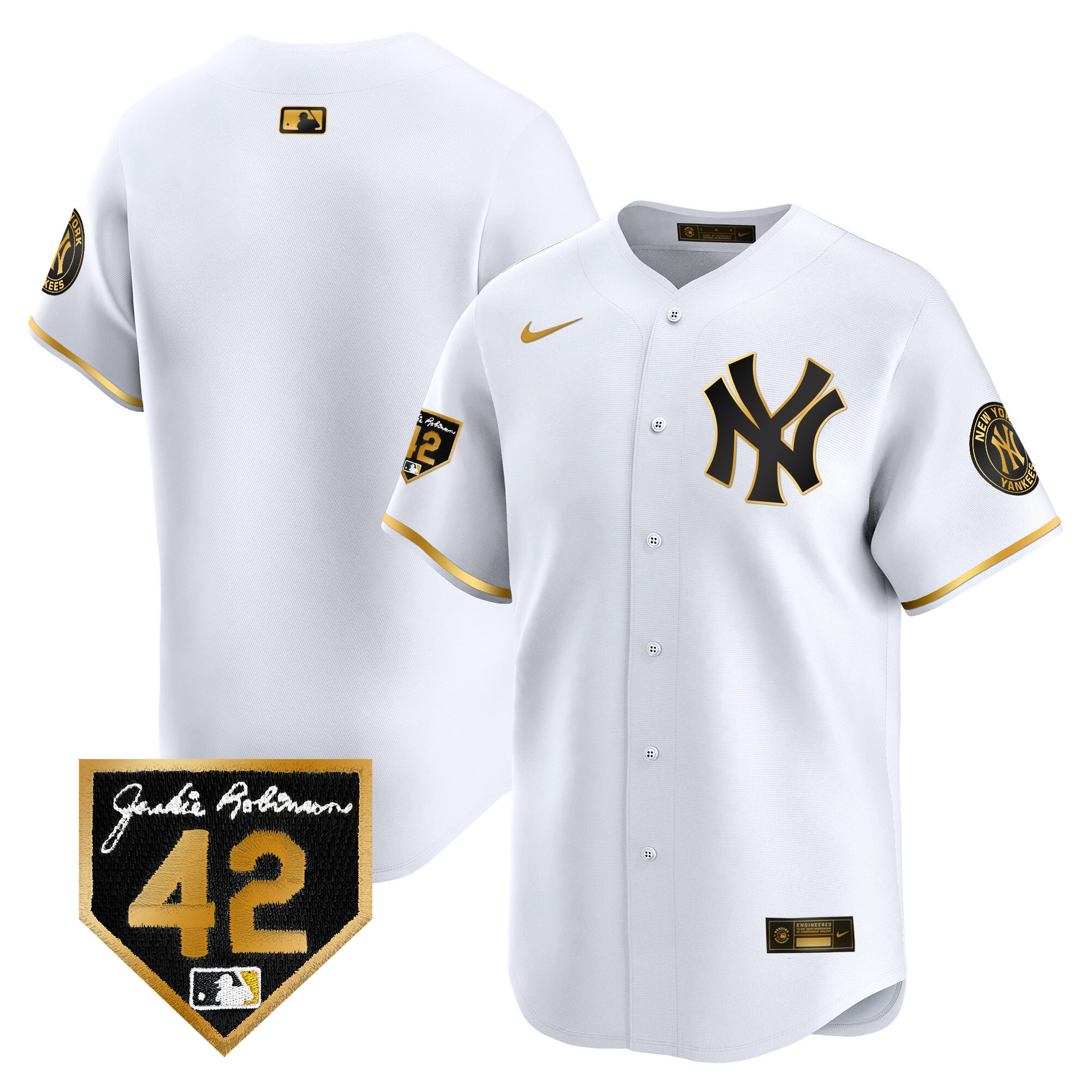 Team Men's New York Yankees 2024 Jackie Robinson Patch Vapor Premier Limited White Gold Jersey - All Stitched