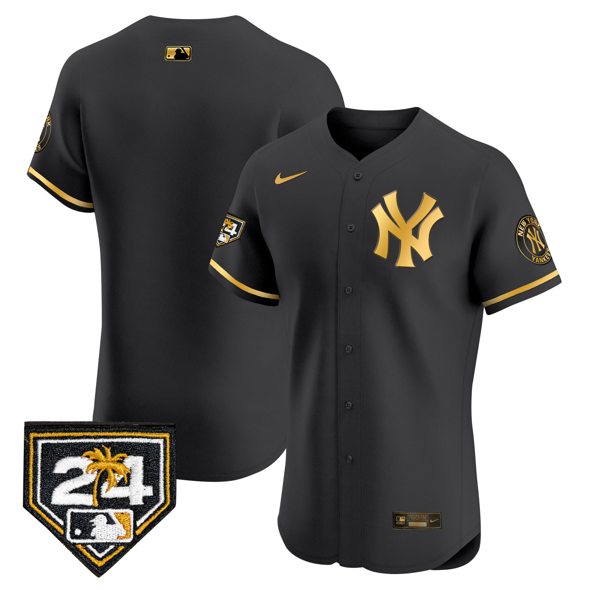 Team Men's New York Yankees 2024 Spring Training Patch Vapor Premier Elite V2 Black Gold Jersey - All Stitched
