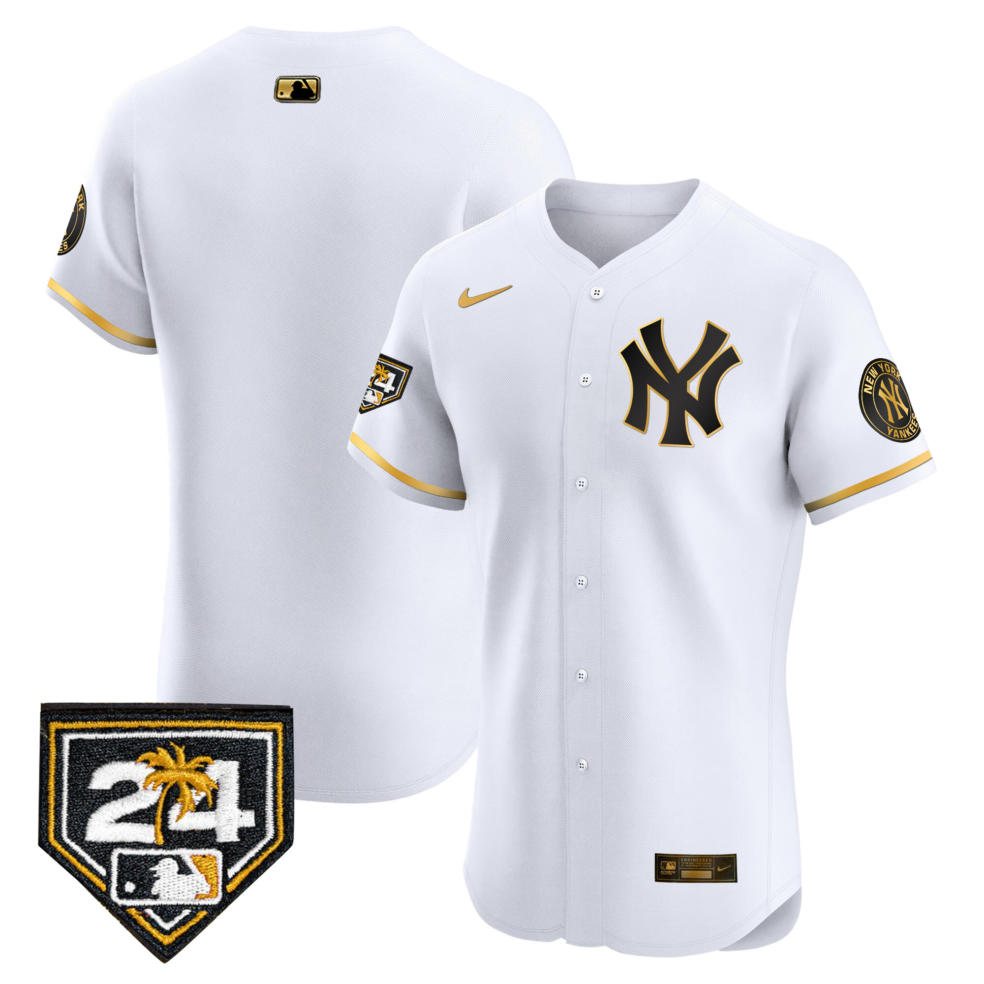 Team Men's New York Yankees 2024 Spring Training Patch Vapor Premier Elite V2 White Gold Jersey - All Stitched