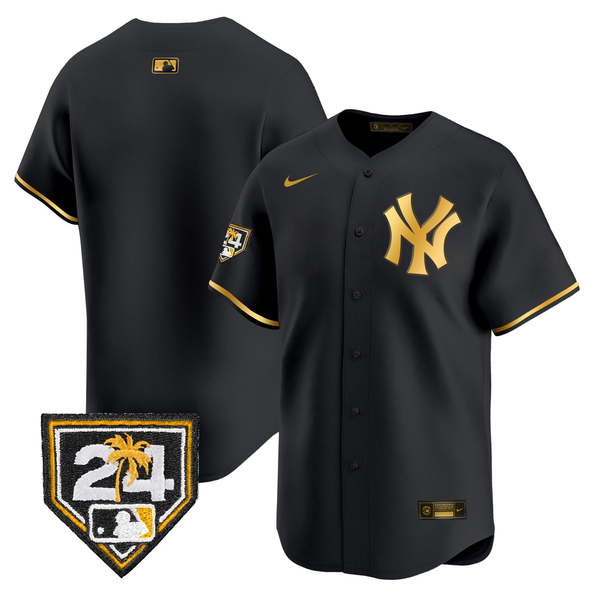 Team Men's New York Yankees 2024 Spring Training Patch Vapor Premier Limited Black Gold Jersey - All Stitched