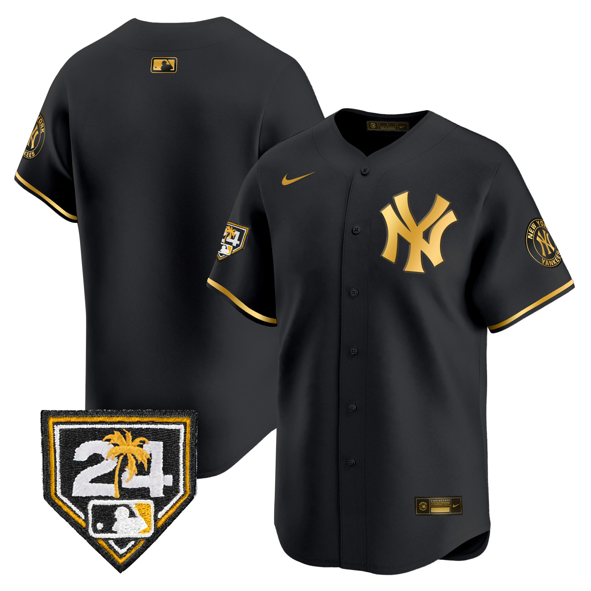 Team Men's New York Yankees 2024 Spring Training Patch Vapor Premier Limited V2 Black Gold Jersey - All Stitched