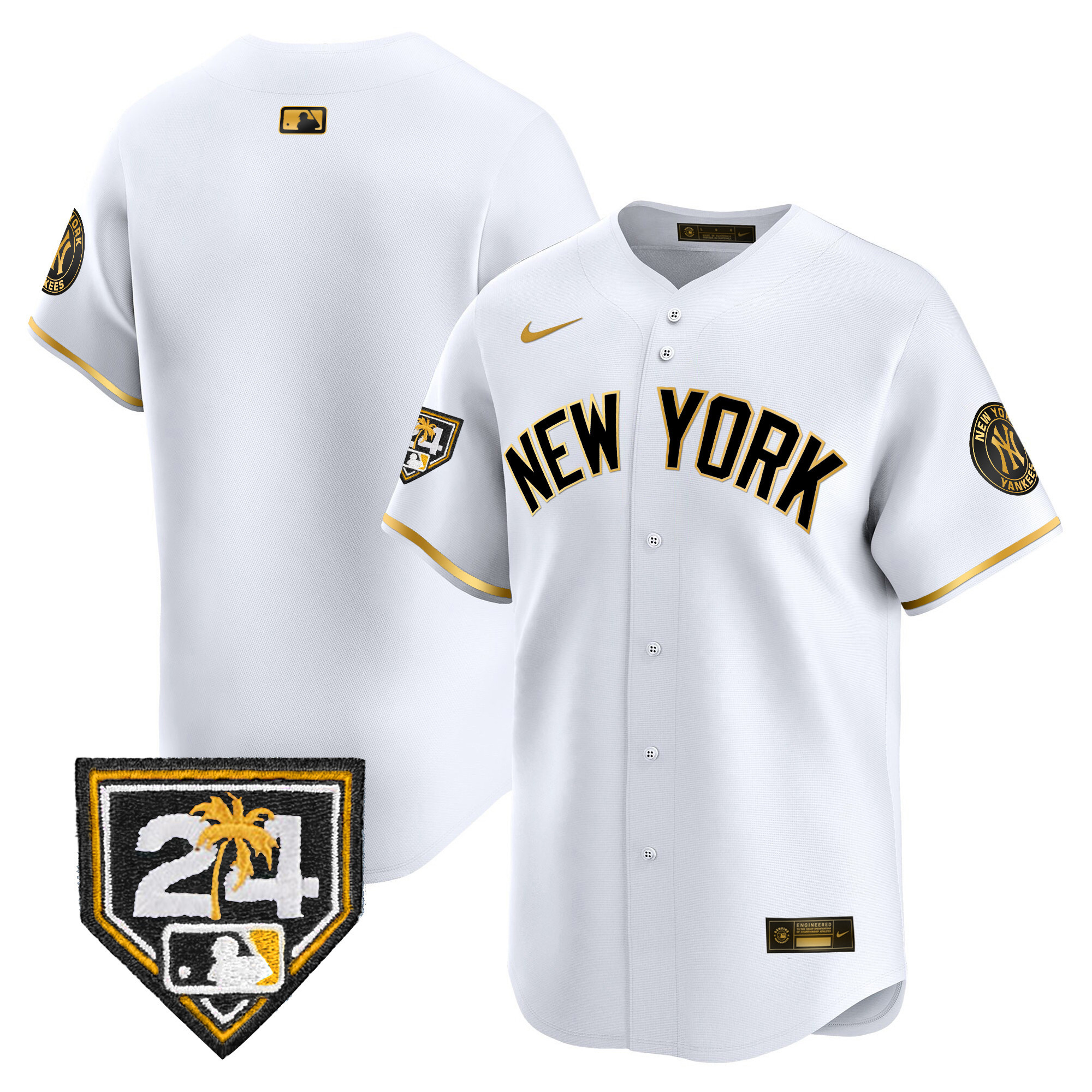 Team Men's New York Yankees 2024 Spring Training Patch Vapor Premier Limited V3 White Gold Jersey - All Stitched